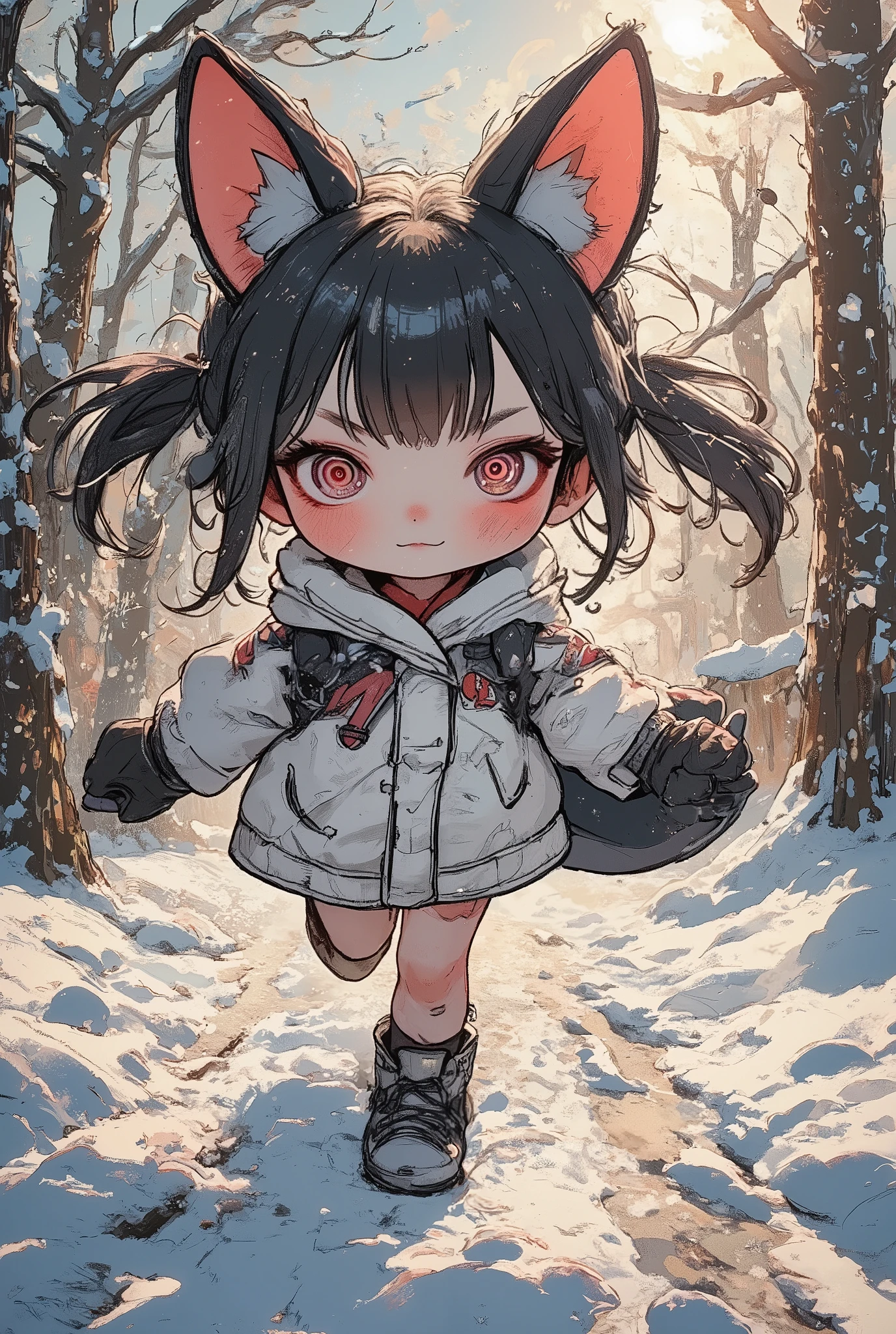 A young girl with large fox-like ears and a fluffy tail is running energetically through a snowy path, wearing a white winter coat and boots. Her hair and ears flutter with the motion, while her cheeks glow pink from the cold. Rim lighting highlights her figure, and metallic frost details shimmer on her coat. Snowflakes scatter dynamically around her, as sun rays break through the winter forest, illuminating the snowy landscape. A gentle fog adds depth, and stardust particles twinkle in the air. The snow beneath her feet glitters with a snow frost effect, and the splash of snow as she runs adds energy to the scene. A bloom effect creates a magical glow, while a particle swarm follows her trail, enhancing the cinematic fantasy realism with ultra-realistic lighting and high-quality textures.