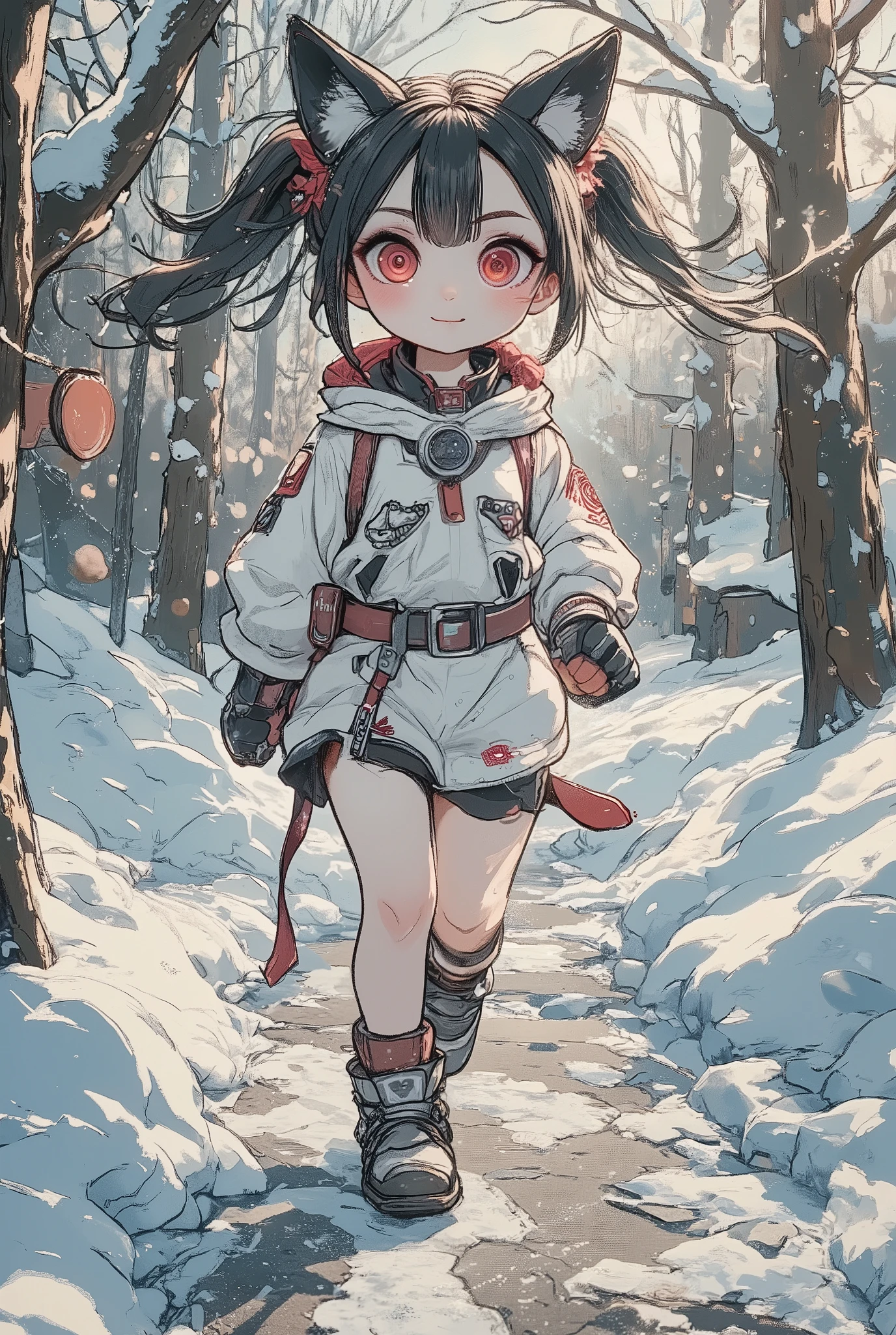A young girl with large fox-like ears and a fluffy tail is running energetically through a snowy path, wearing a white winter coat and boots. Her hair and ears flutter with the motion, while her cheeks glow pink from the cold. Rim lighting highlights her figure, and metallic frost details shimmer on her coat. Snowflakes scatter dynamically around her, as sun rays break through the winter forest, illuminating the snowy landscape. A gentle fog adds depth, and stardust particles twinkle in the air. The snow beneath her feet glitters with a snow frost effect, and the splash of snow as she runs adds energy to the scene. A bloom effect creates a magical glow, while a particle swarm follows her trail, enhancing the cinematic fantasy realism with ultra-realistic lighting and high-quality textures.