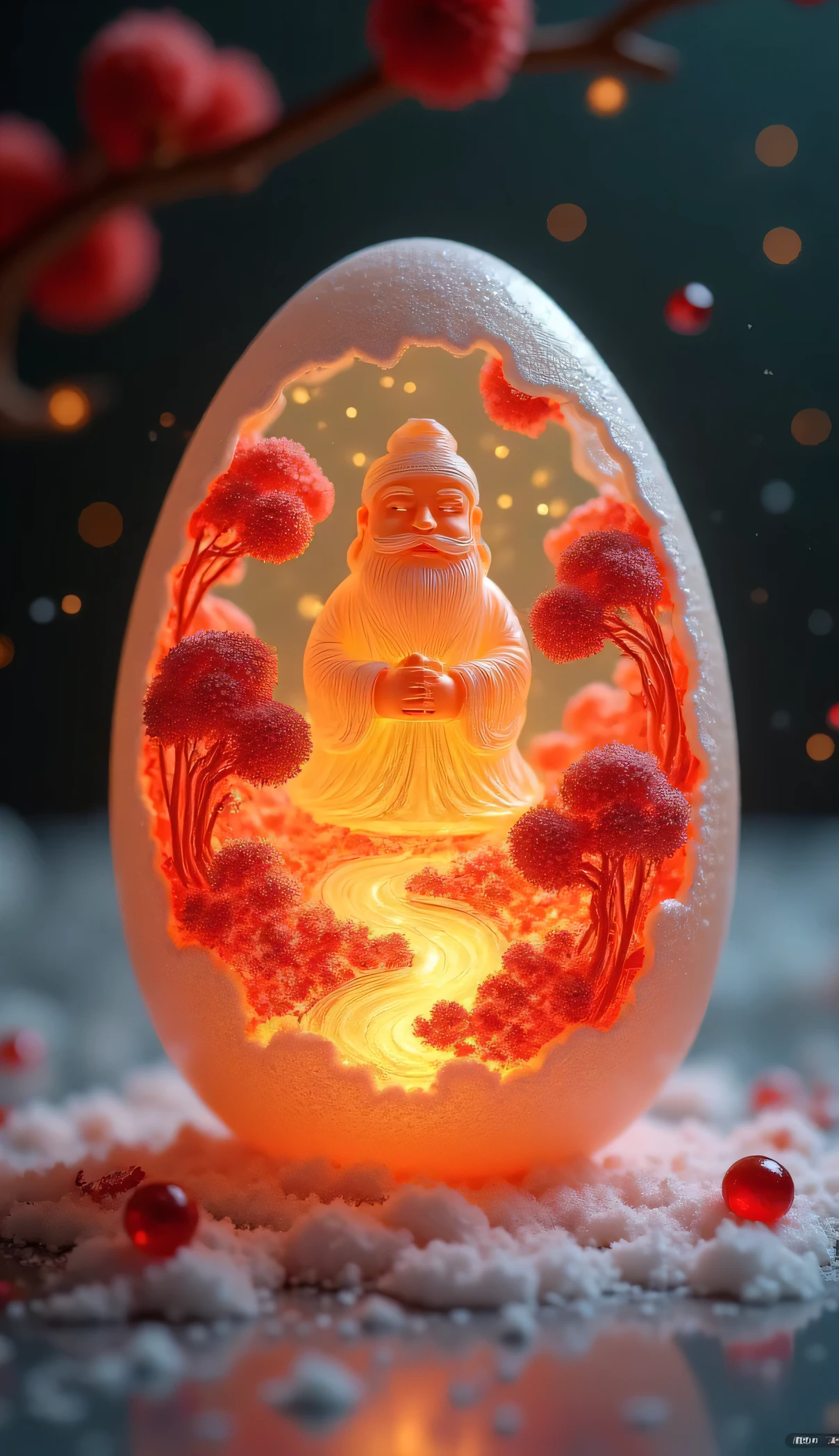 ZOZ_Xuanhuan, a masterpiece in an eggshell: a miniature landscape is presented, crafted with Chinese hollow carving techniques. China's God of Wealth, Jinyuan jewels, and streams swirl inside the delicate eggshell canvas, as if painted with a tiny brush. Red paper sculptures bring texture to the scene. Ultra-sharp details are presented, as if viewed through a wide-angle lens, with the depth of field effect blurring the edges. The 3D perspective brings the viewer into this serene world, where precision and softness blend perfectly. The mini God of Wealth comes to life inside