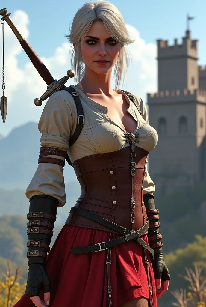 Crie a imagem de uma mulher cabelos lisos castanhos, dressed in leather song and a white long-sleeved blouse. With bow and arrows on his back with a knife in his hands