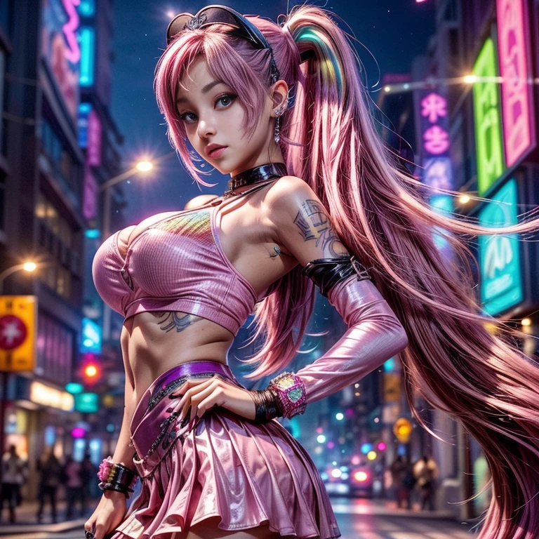 Best Quality, Masterpiece, Ultra High Resolution, (Realisticity: 1.9), Original Photo, 1Girl, Bare Shoulder, full body portrait, futuristic neon lit city at night, Movie Lighting , bangs,sexy bodysuit, large breasts, large buttocks, gamer headphones, shoulder length hair , large breasts, parted lips, metallic pink bodysuit, blue eyes, pink hair, solo, twintails,alice (masterpiece:1.4),(best quality:1.4),(shiny skin),realistic, ((luminous. Very alluring and seductive pose. She's standing showing her back )) slight smile.