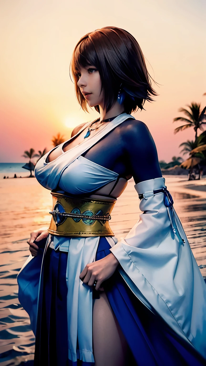 Arafed woman in a blue and white dress standing on a beach - SeaArt AI