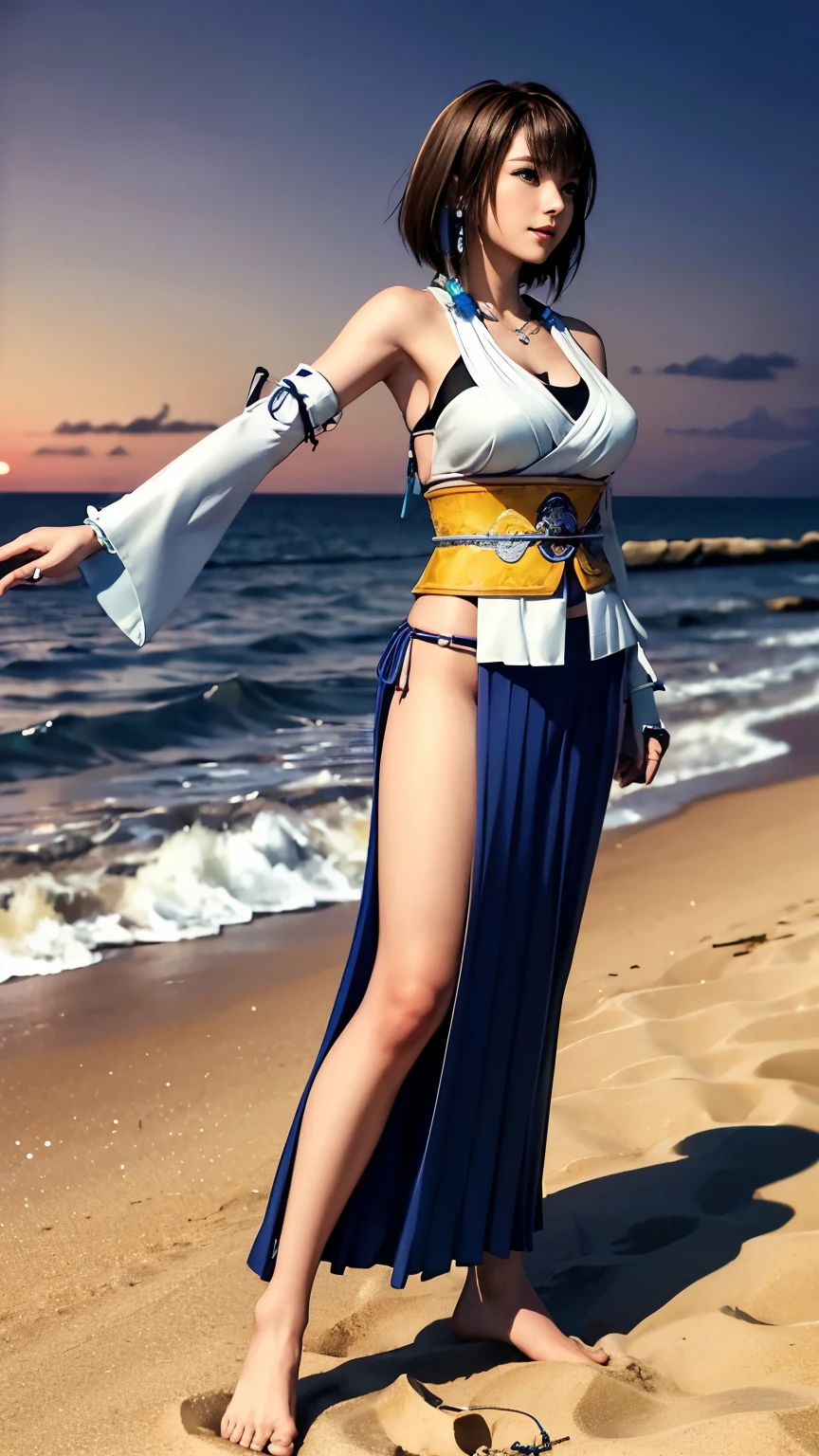 ((( Carefully depicts limbs based on perfect anatomy))), a girl with an eight-headed hakama that tilts her head and laughs innocently at the edge of a tropical white sand beach dyed in impressive red at dusk {x}, nice body with big breasts and nice hips around the waist ,(((Low angle bust up 8K shooting with a wide-angle lens from the front ))), happy smile, fold your hands behind and lean forward ,Alone, jewelry, detachable sleeves , necklace, blue beaded earrings, Low Angle Hip Up with Thin Pleated Hakama ,Yuna FFX, super high definition,8K Photo Realistic ,highly detailed,8K detailed face , The profile with flowing eyes is cute ,(Masterpiece, High Quality ), Gorgeous Goddess , bob cut, shiny skin,Charming, enchantment,dream like,((Thick bangs)),(( Nice style with beautiful D-cup breasts and muscular thighs , perfect proportions with spikes)),Highlight a nice butt , Nice style with beautiful legs and pleated hakama ,Library,