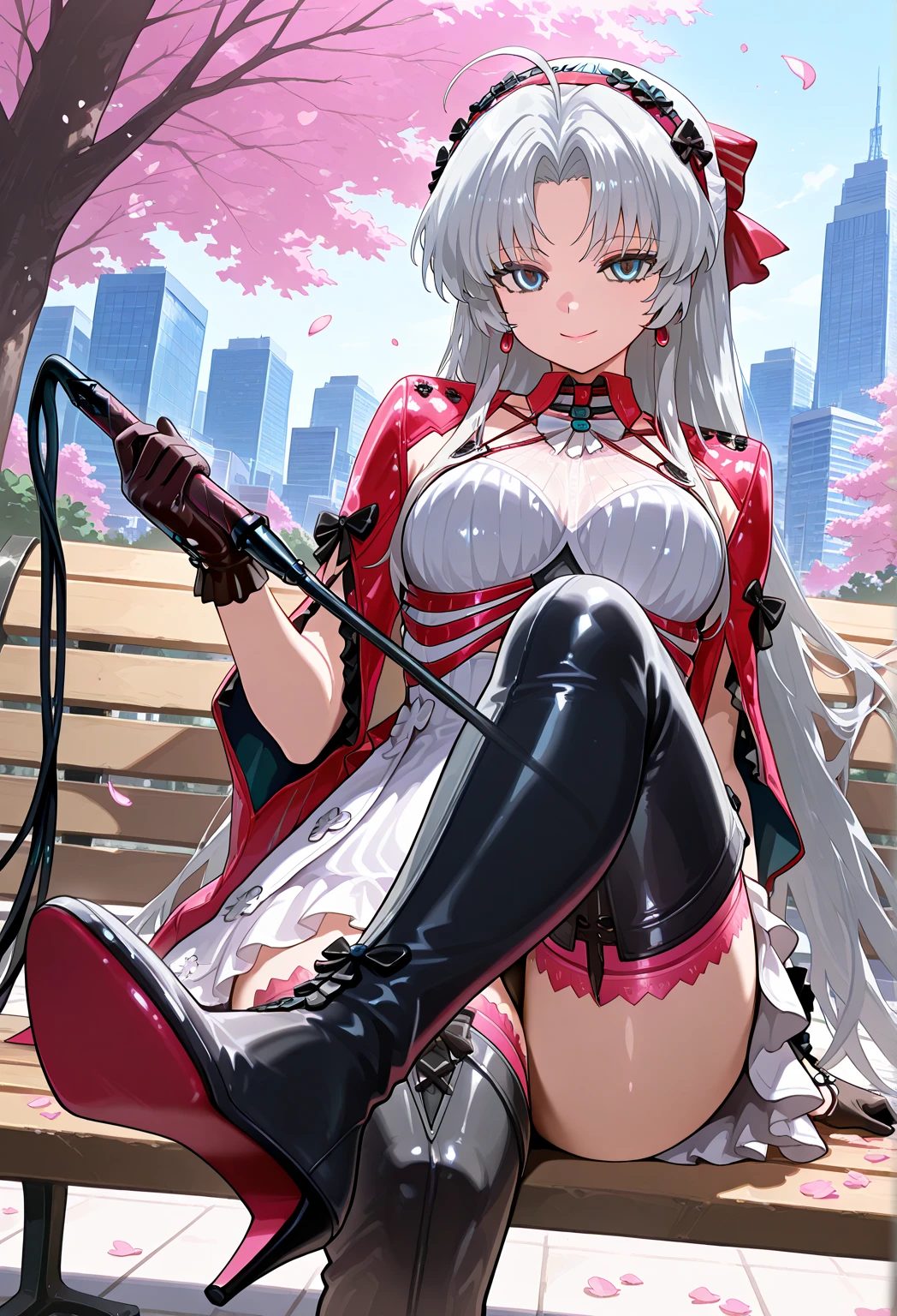 masterpiece,best quality,absurdres, amazing quality, shiny skin,
tokyo \(city\), park, cherry blossoms, falling petals, cowboy shot, smile, looking at viewer, sitting, park bench, on bench, crossed legs, 
carlottailvp, 1girl, long hair, dress, parted bangs, grey hair, gloves, black gloves, ahoge, white hair, white dress, jewelry, bow, earrings, blue eyes, hair bow, thighhighs, medium breasts, (black flowers hairband), very long hair, (red hairband), grey eyes, multicolored eyes, thigh boots, pink thighhighs, thighhighs under boots, high heel boots,((high heel soles)), dominatrix, bondage outfit, whip, holding whip, latex gloves, latex corset, latex panties,disgusted face,