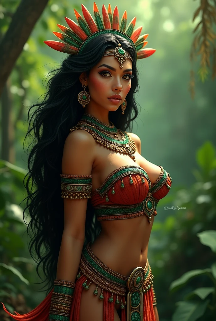 1girl, obra-prima, best_quality, uma mulher negra brasileira, cabelo cacheado preto,_eyes, black, large_breasts, amazon, Maquiagem tribal, Amazon Indian tribal clothing, tonalizado, na floresta (abs:0.8),