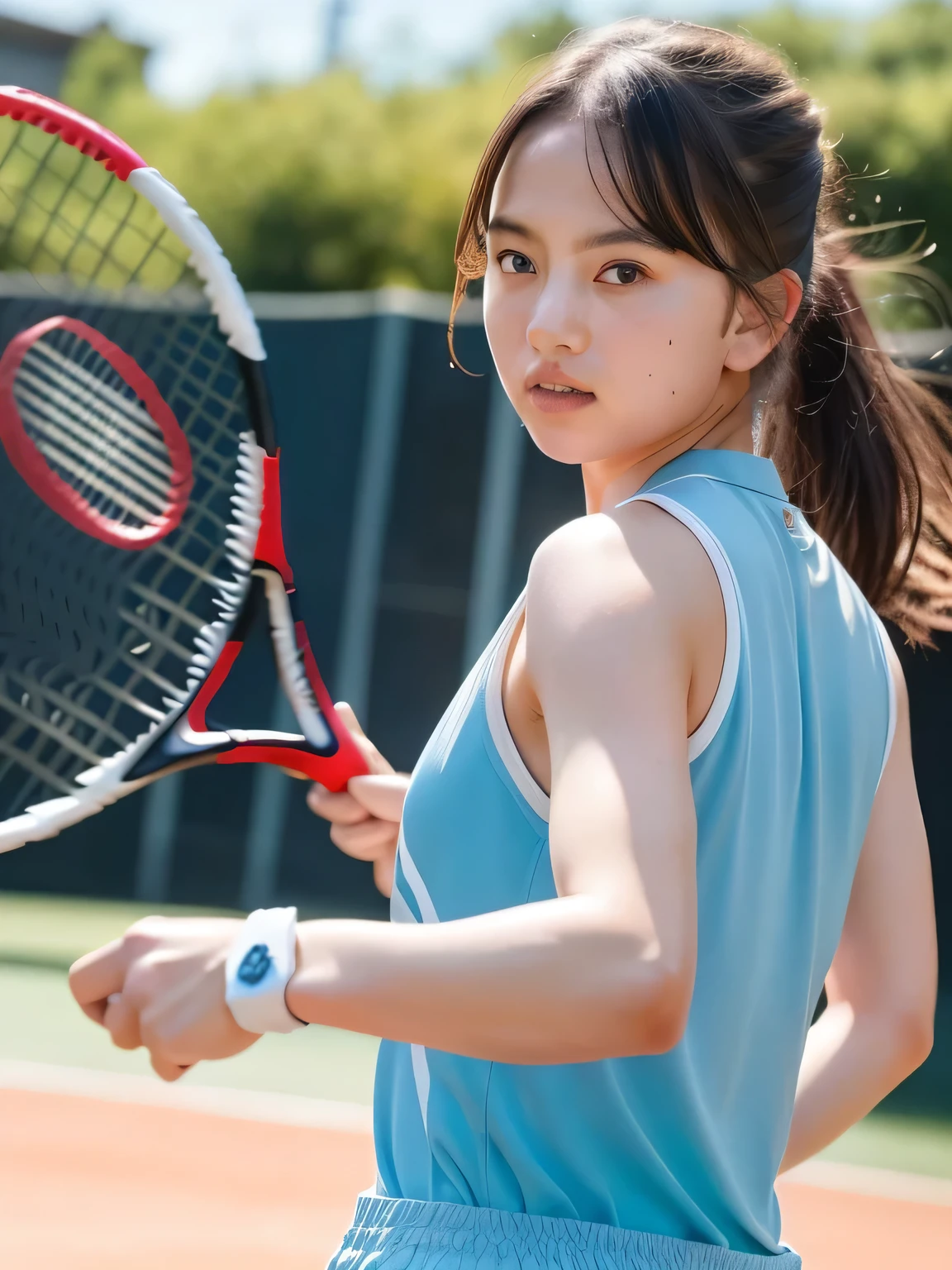 Practice hitting a tennis ball。Tennis Wear。wristbands。Bun hair。