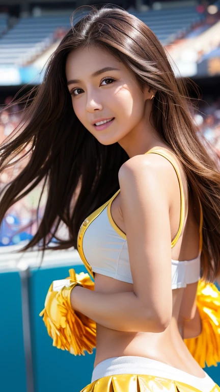 best image quality、超A high resolution、table top、photo quality(photo-realistic:1.8)、pores、Accuracy、japanese women、20-year-old、black haired、cute dimpleedium long hair、slender girl、small breasts、 AA Cup Breast、stand out、american football stadium、Midsummer Sun、Blue sky、Reflected light from the reflector、cheer leading、mini skirt、（white、red、yellow）、smiling face、facing the front、naughty angel、