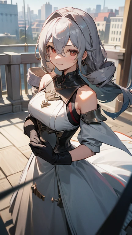 masterpiece, best quality, 1 solo girl, silver hair, blue eyes, long hair, medium breasts, sexy body and face, wavy hair, smile, parted lips, circlet, jewelry, bare shoulders, earrings, bridal gauntlets, sleeveless, black dress, bracelet, side slit, gold trim, red fur-trimmed cape, pelvic curtain, sleeveless dress, black footwear, turtleneck, long sleeves, castle, intdoors, sexy pose, cowboy shots, detailed body, face, and eyes, sharp focus, vibrant, creative, dynamic, high definition, high resolution, 8k, (Upscale: R-ESRGAN 4x+ Anime6mage enchance:4x), voluptuous body, cinema lightning, dakimakura style, looking at the viewer,