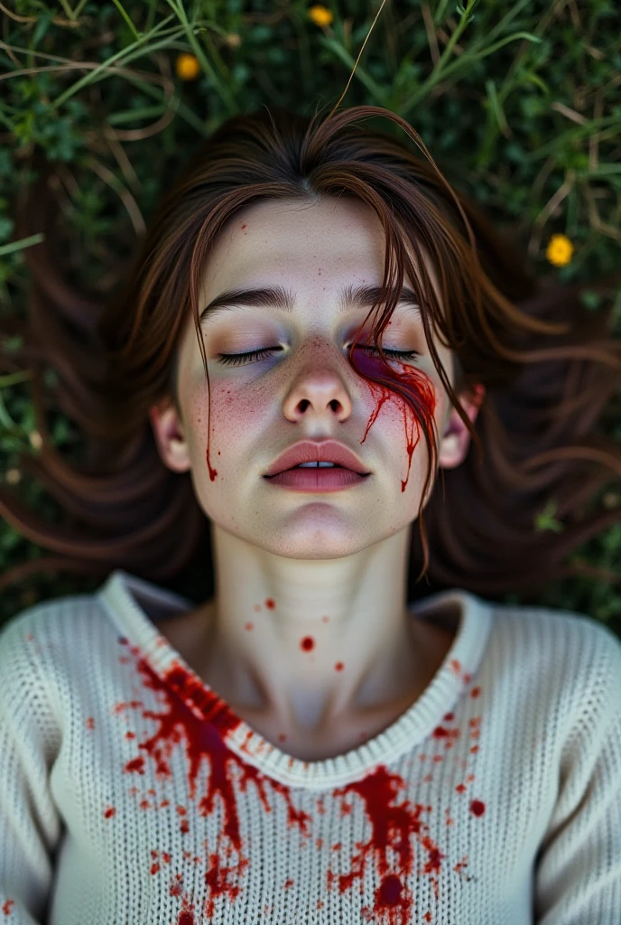 masterpiece, best quality, 1 girl, alone, Lying on your back, Lying on the floor, pale skin, messy hair, Red eyes, glowing eyes, Blood on face, Blood on clothes, crawl, scary, Blood,