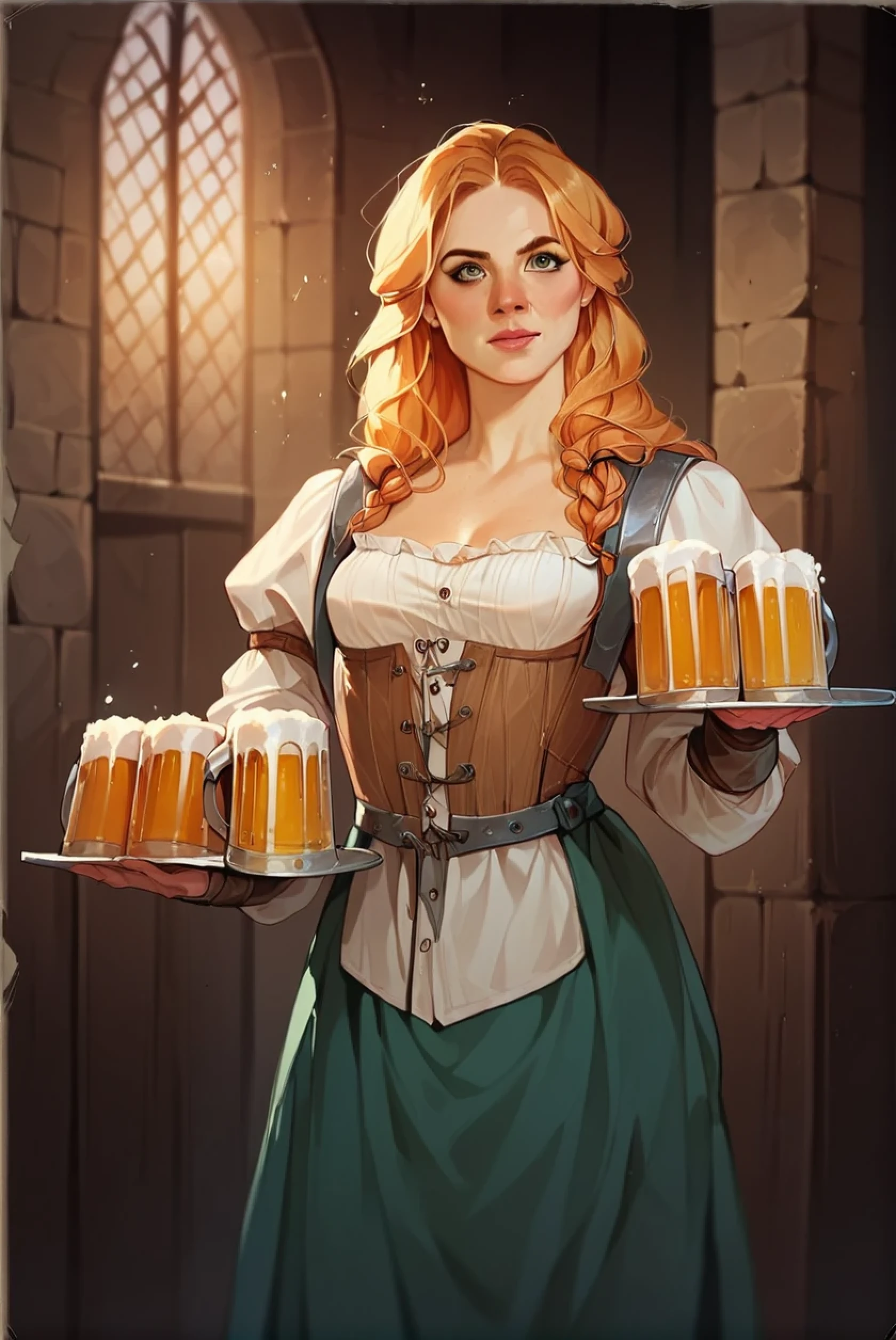 ((melhor qualidade)), ((Obra de arte)), (detalhado), goddess freya, beautiful woman, blonde, attractive, voluptuous woman, light eyes, short stature, freckles on her face, nordic clothes, holding a wooden mug with beer,