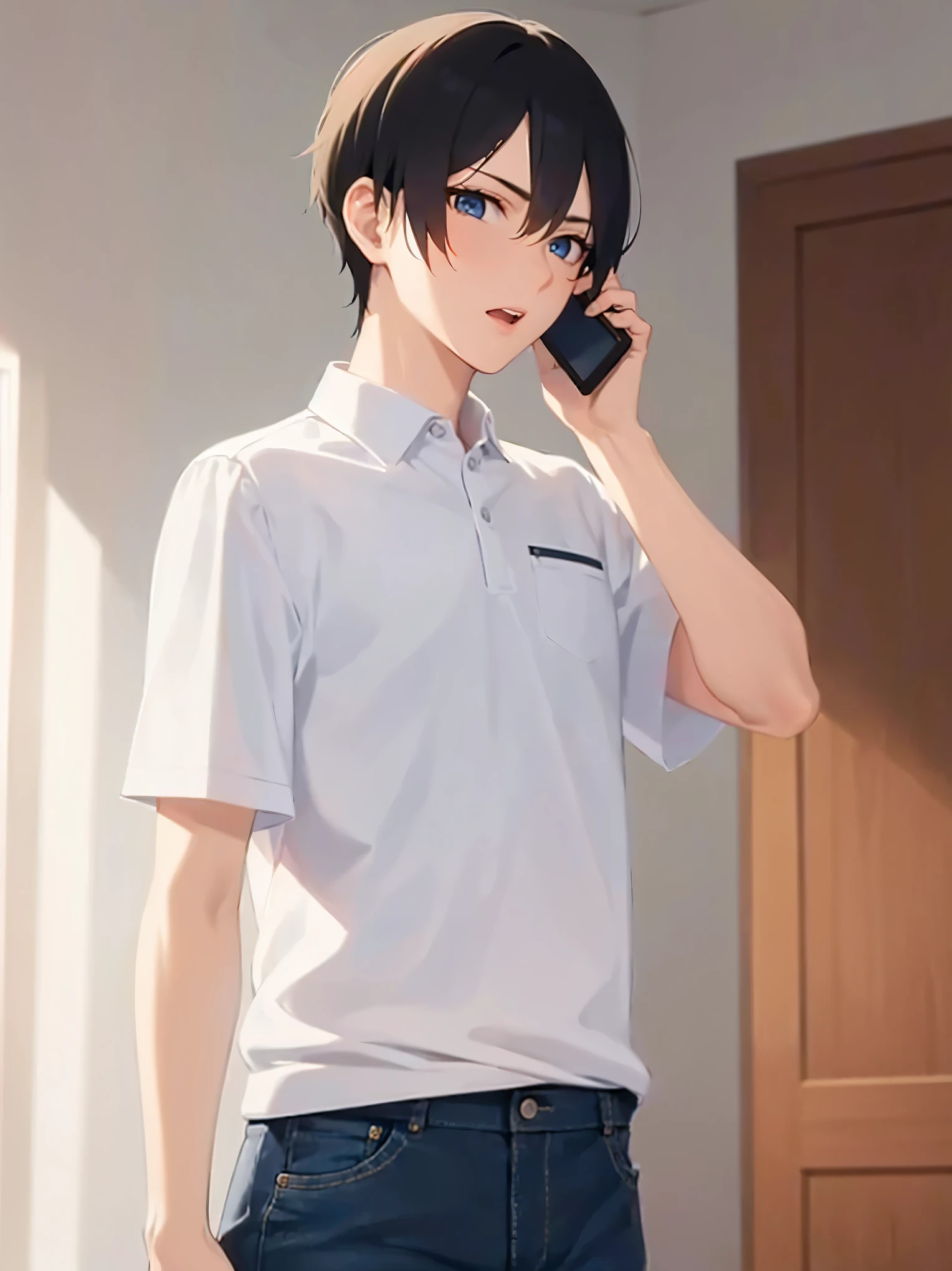 looking at viewer, Talking on Phone, masterpiece, best quality, Japanese manga style, upper body, (25 year old male: 1.5) and (short black hair) and (blue eyes), BREAK (white polo shirt) and (jeans) BREAK worried, open mouth, inside the luxury inn, alone, standing,