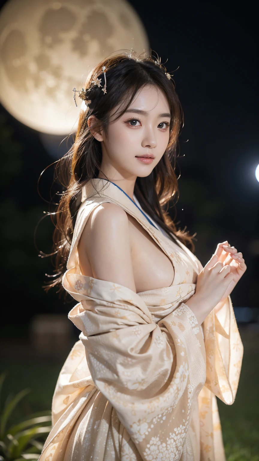 best quality, high_resolution, distinct_image, detailed background ,girl, hanbok,flower,garden,moon, night,enormous breasts