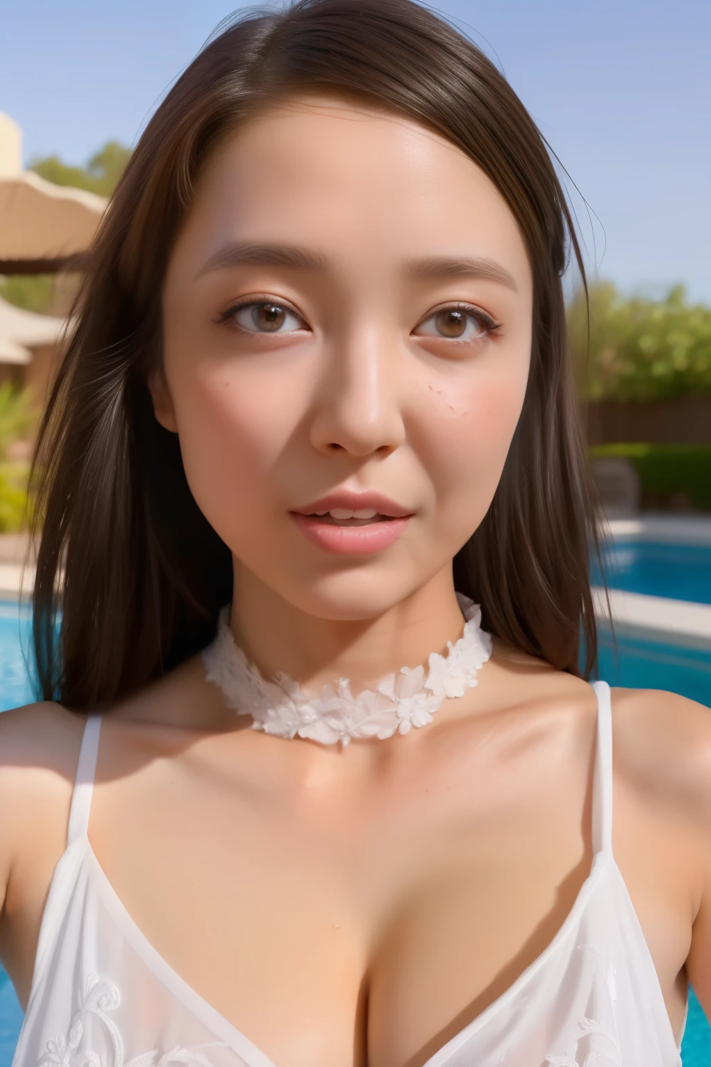( best quality，4K：1.3）， surrealistic，(Big Breasts: 1.2),　Bright woman ，１Male Female,  selfie,　 Pool Party， detailed eyes，double eyelids， low collar sensual dress, I hung my bust, super detailed face ， detailed lips 