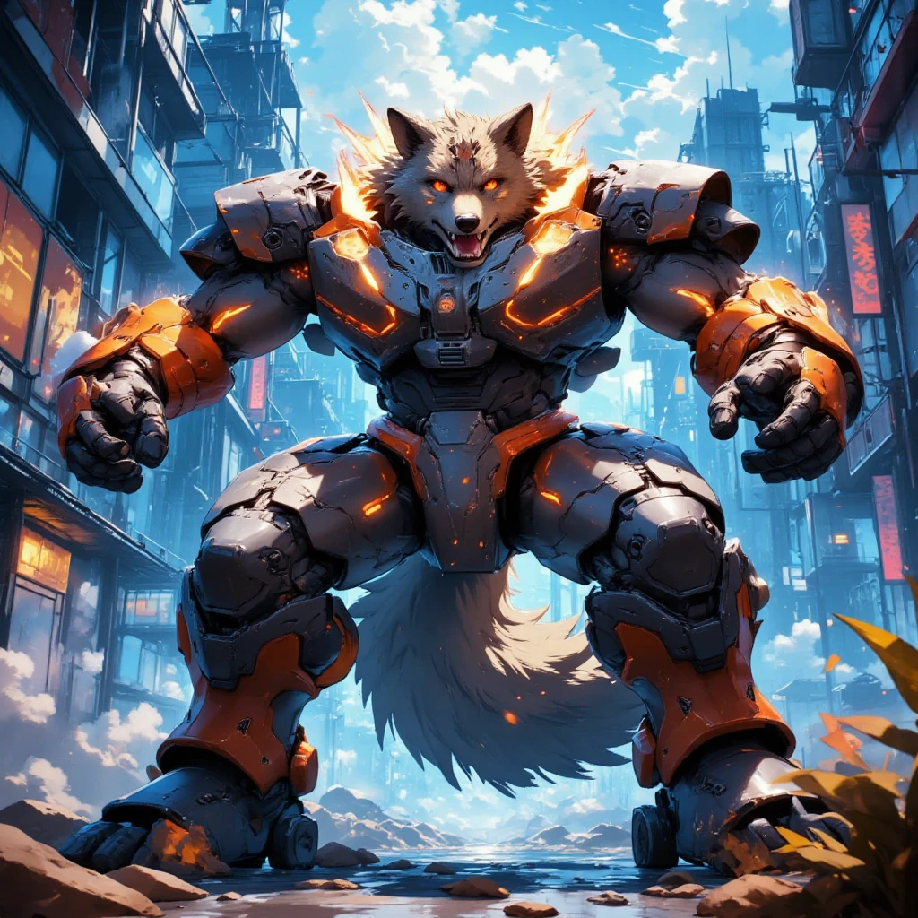 maximum quality, dramatic lighting, menacing pose, fierce expression, epic atmosphere, (((wolf head shaped helmet))), (((tiro de corpo inteiro))),um lobo feito de metal, ciborgue, estilo cyberpunk, mechnical, ((detalhes intrincados)), HDR, ((detalhes intrincados, hiperdetalhado)), incandescent bulbs, Cinematic Shot, vinheta, bokeh efeito beckground, (Caninos), (tiro de corpo inteiro).