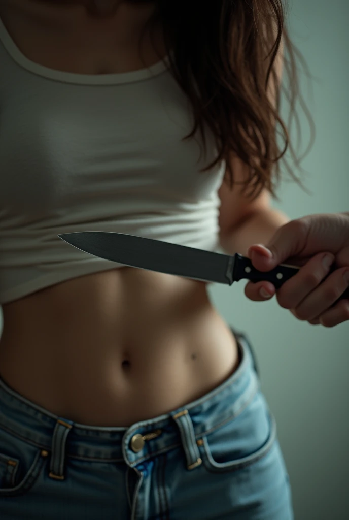 I stick a knife in a woma’s navel,(first person) (on voit ma main enfoncer le couteau ,)(Only the handle of the knife remains, sticking out from the navel, the rest is deeply embedded) it was the navel my target.
