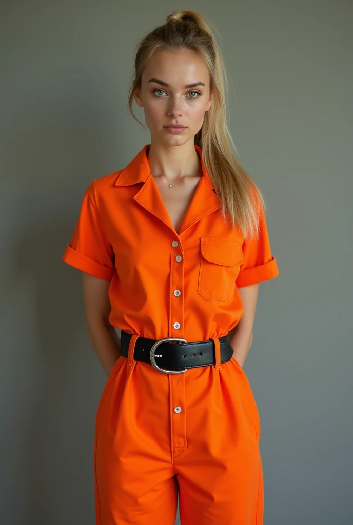 Frontal photograph of a beautiful young model with long a blonde medium length pulled back ponytail hair wearing a sexy synthetic orange prisoner jumpsuit, inmate jumpsuit, button-up, sexy view, handcuffed, hands cuffed to her back, wearing a tight black stylish belt, high black boots, short sleeves, sexy pose, very attractive look, skinny, anorexia, 1, thin and athletic body, (thin girl 1:5), short sleeves, supermodel face and body, brown eyes, long pants, hands at back, elastane synthetic orange prisoner jumpsuit, jumpsuit made of elastic spandex, jumpsuit has 4 visible silver buttons, her belt is made of stylish leather, elastic jumpsuit, jumpsuit is not tight on body, perfect woman, slim, (perfect Hands), (blonde medium straight ponytail hair:1.2), (wasp waist:1.3), big heavy black stylish designer belt of leather, visible breast contours, light blonde hair, a lot of cringles and creases on the jumpsuit, light blonde hair, full body view, tops of her boots visible, sporty ponytail, short sleeves, sexy model pose, she is highlighting her but in her pose, no pockets, looking at viewer like she wants sex, 70's prisoner jumpsuit, 80's orange prison jumpsuit, 90's prisoner jumpsuit, Soviet orange prison jumpsuit, hands handcuffed, handcuffed, handcuffs on her wrists, hands at back, hands cuffed to her back, hands handcuffed to her back, full body view, knees visible, hands tied to her back, hands handcuffed to her back, hands cuffed to her back, sexy pants, pants looking sexy on her legs, sporty style ponytail, picture starting from her knees, jumpsuit made of elastic spandex, very sexy pose, pointing out her ass, belted, long pants, button-up jumpsuit, medium length light blonde loose sleek sporty ponytail, make-upless face