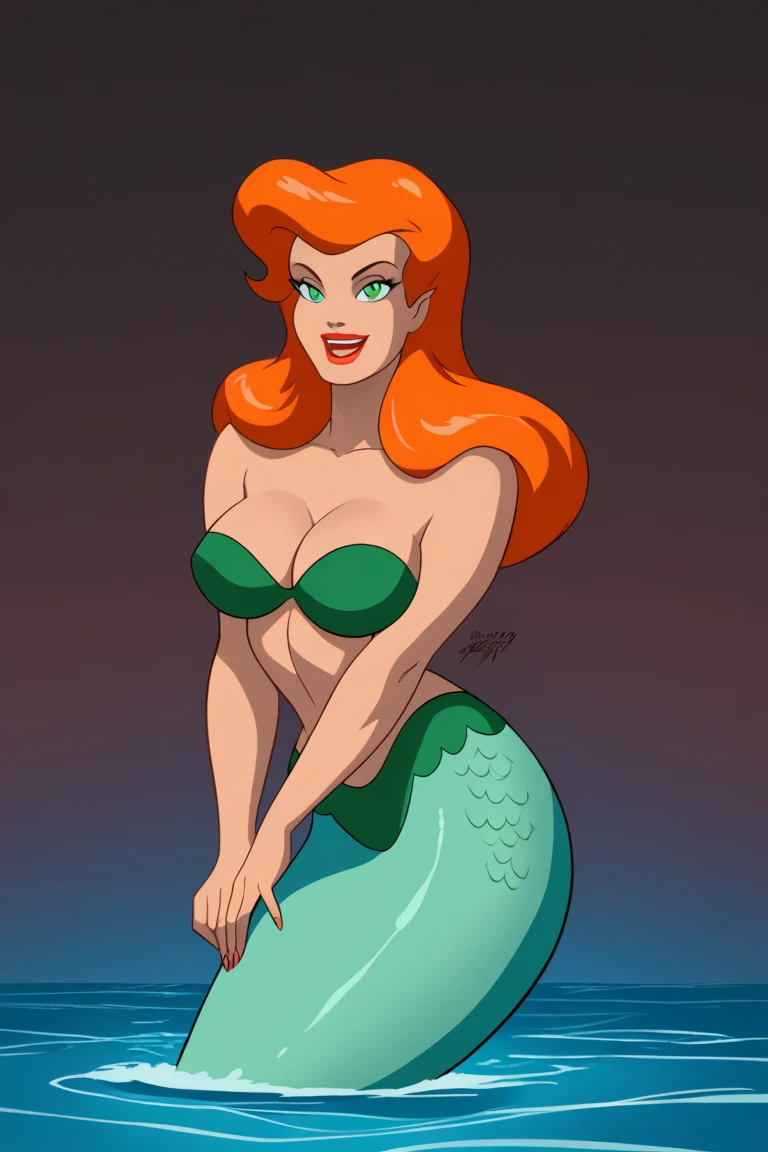 Woman, Adult, Beautiful, with good figure, With the appearance of a mermaid, with half of the human upper body, with half of the mermaid lower body, the upper part has breasts, with D Cup size breasts, with scales on their cheeks, that the scales are pastel green, that the bottom is pastel green, mermaid tail, that it has scales, that they are pastel green, with a swimsuit on top, that the swimsuit be tight, that is not very tight, with a blue suit, with good quality, with good focus on the body, with details, (masterpiece), (8k), (Good lighting), that shows full body, with black eyes , that the eyes have good quality, with details in the eyes, orange hair color, that the hair has two braids.