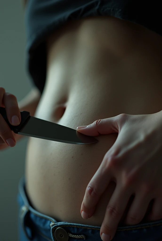 I stick a knife in a woma’s navel,(first person) (on voit ma main enfoncer le couteau ,)(Only the handle of the knife remains, sticking out from the navel, the rest is deeply embedded) it was the navel my target. 