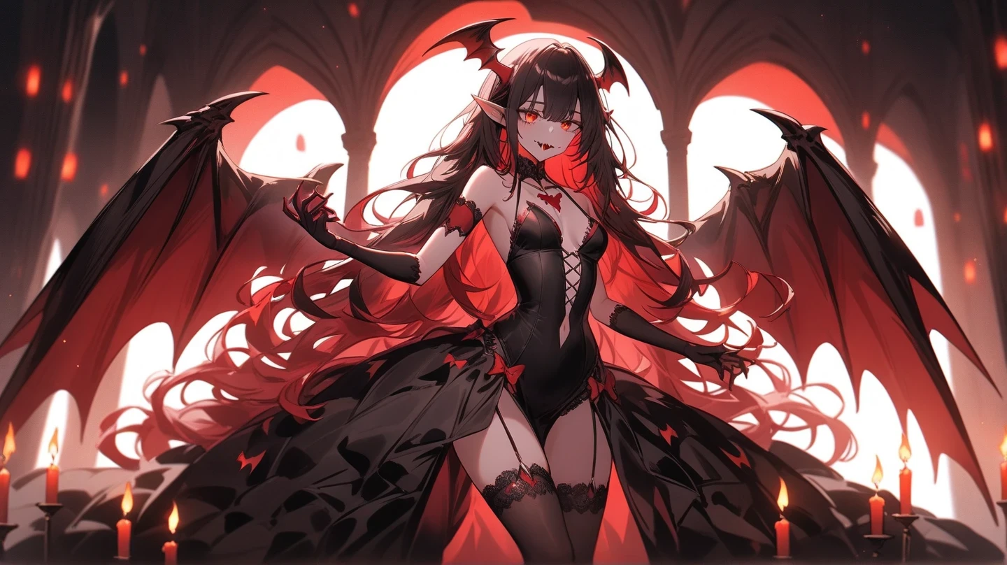 ((Succubus)),
Her medium-length hair is a bright pink shade, With gracefully cascading wavy curls. Her eyes are deep, bright pink, Passionate brilliance. yet, Her most distinctive features are:::、It is an adorable double tooth that stands out especially when smiling.. This smile emphasizes her charm.
She spreads demon wings from her back, And these wings resemble the delicate petals of pink roses. Her demon's tail is winding、the tip is small.
Capture the moment she emerges from the center of the magic circle. At her feet, The intricate pattern of the magic circle is embodied, And from among them, She appears with strength and charm. Synchrotron light and magic energy radiates from the circle, Envelop her、Emphasize her presence.