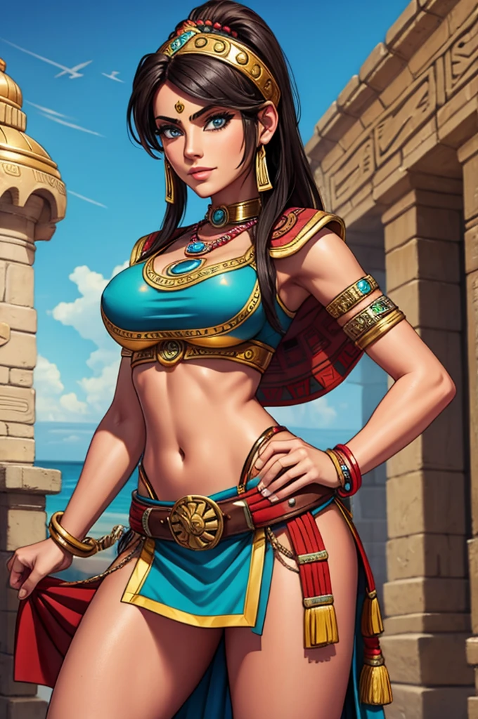 (masterpiece, top quality, best quality, official art, beautiful and aesthetic:1.2), (1girl:1.3), (((massive female bodybuilder))), ((Long Muscular Legs)), long wavy black hair, tanned skin, extremely detailed, portrait, looking at viewer, solo, (full body), detailed background, close up, mischievous eyes, (hot summer desert Arabia theme:1.1), Persian duelist woman, dark makeup, charlatan, smirk, mysterious, walking in desert, revealing blue and gold and sapphire Arabian harem girl attire, see through clothes, sheer fabric, poofy blue pants, strapless, off shoulder top, tight top, tight tube top, jewelry, armlets, elaborate necklaces, blue fabric, gold jewelry, precious stones, scimitar, curved sword, ((((gigantic breasts, cleavage, skindentation)))), slim waist, wide hips, wide shoulders, ancient (Arabian palace exterior:1.1) background, dark mysterious lighting, shadows, magical atmosphere, dutch angle,
