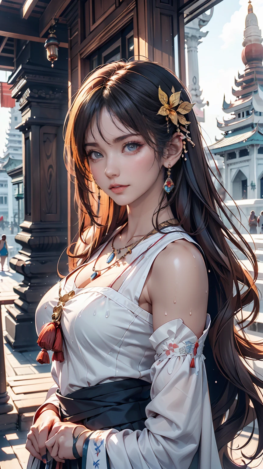 ((Best Quality, 8K, Masterpiece: 1.3)), (Masterpiece: 1.5), Best Quality, Ultra Detail, Ultra High Resolution, 8K Resolution, Camera Shot (Realistic: 1.5), Masterpiece, (Reality: 1.4), 1 person, 1 big bust and abs girl Chinese, Forbidden City, Beautiful detail eyes, White skirt, Looking at camera, Black hair, Super detailed face, Detailed eyes, Double eyelids, Smiling eyes, Black eyes