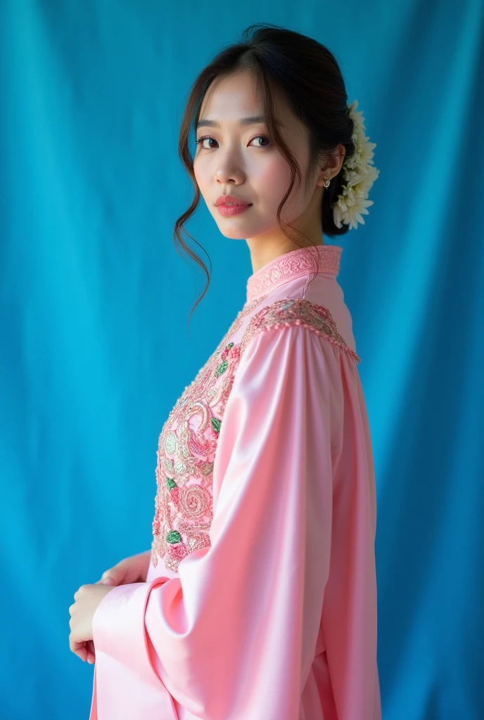 A girl wears a pink Thai dress to pay respects.