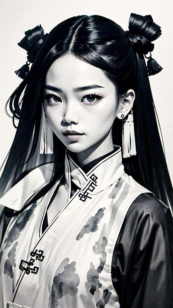 best quality ,Masterpiece,highly detailed, Ultra Details,
1 girl, Chinese Style Aesthetics ,
, Ink Wash ,Negative Space , white background , LIMITED PALETTE,
Modern Chinese Ink Painting