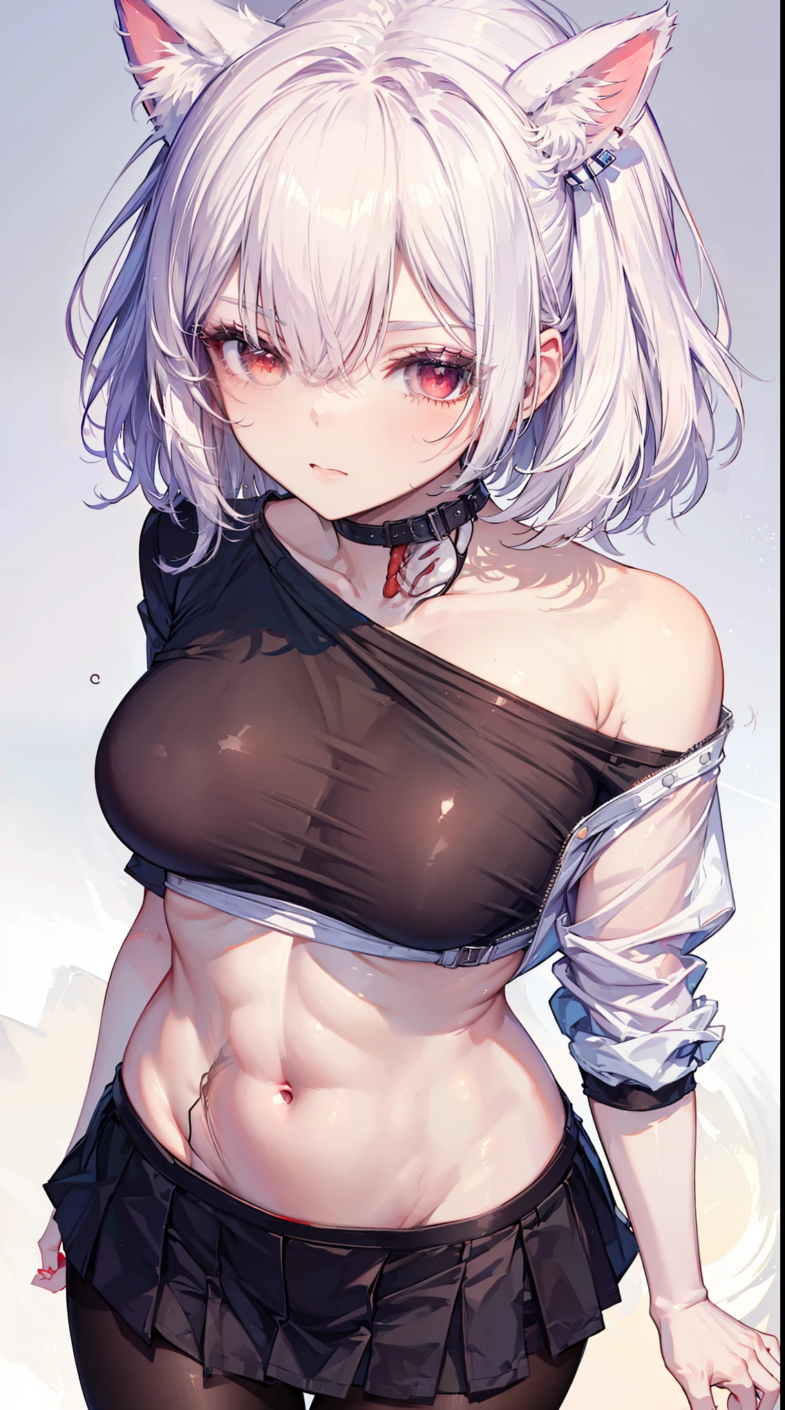 Masterpiece, beautiful girl , slits in front, Down Blouse , loose t-shirt , Pleated skirt, Pantyhose, Cat ears, White Ponytail, Beautiful Red eyes, Medium breast, (From above:1.2), (Closeup:1.2),
(Perfect anatomy:1.5),