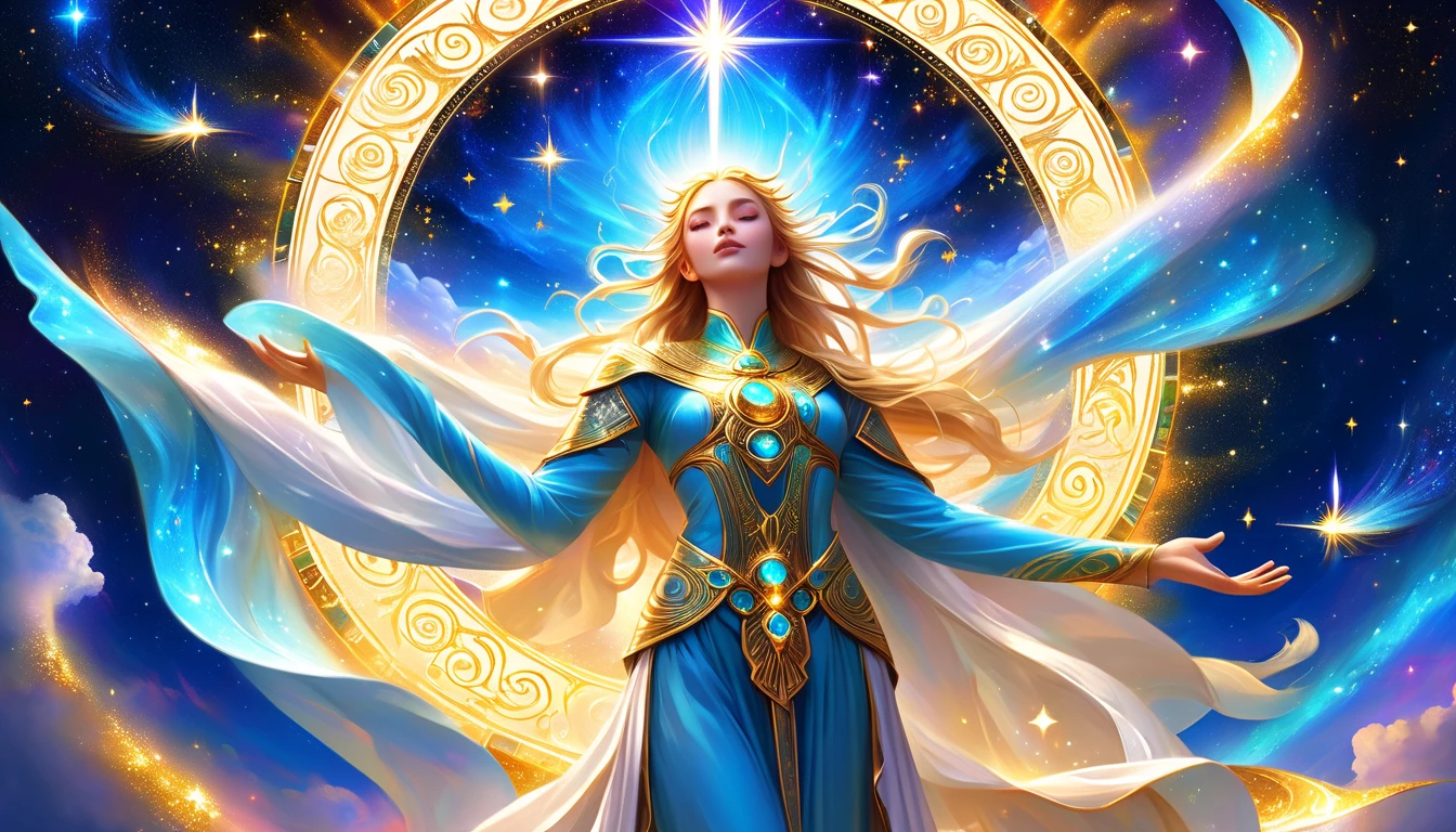 stellar beam of light cosmic space Milky Way Cosmic equilibrium Eternal Time lira speculum Goddess of Mystics Wearing a blue dress Blue tone unclear long blonde hair Fancy hair ornaments Close your eyes Appearance in the 30s dignity refinement noble slender Long body A look of compassion Intricate details Oil Painting the golden ratio nebulas Inherited spirit Zodiac signs Mucha style