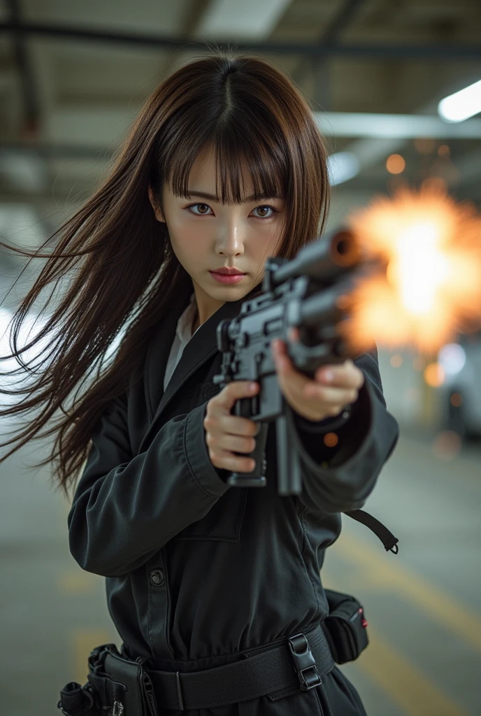(Very detailed, Realistic photos, Realistic skin texture), 8k, A beautiful Japanese woman living in America looks back with a sawed-off shotgun on her hip, He is wearing a dirty and torn beige trench coat., navy yankees baseball cap, Dirty high-top Nike sneakers, An alley littered with bricks and rubble, It rains and clothes get wet, In an attractive and action-packed pose, And a cool configuration.
