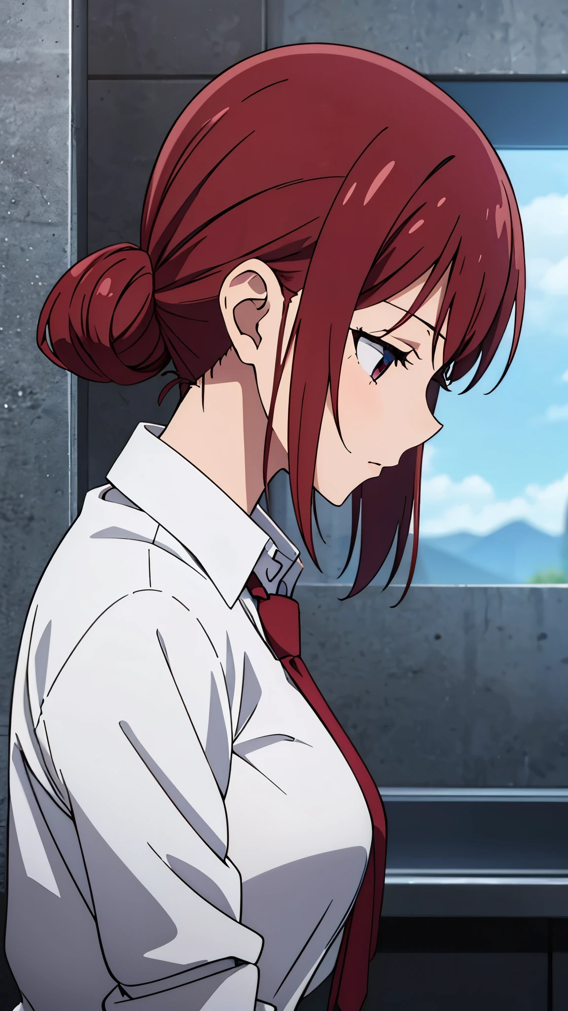 Anime girl, wearing white shirt, red tie, big breast side view , looking down , big boobies ,
