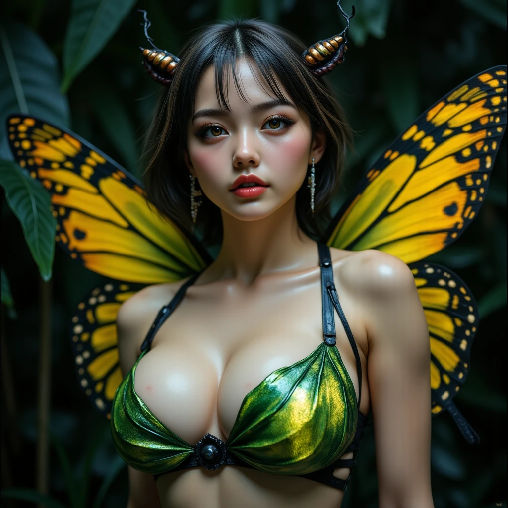 masterpiece,best quality,1girl,solo, afro curly black hair,from above, jungle landscape,flying in the air above the jungle, flying,sky, girl flying. Girl big green eyes, juicy lips, bimbo lips, slim figure, naked, perfect fingers, Perfect feet, Perfect body, puffy milk breast, gold jewelry mesh on naked body, niple jewelry piercing gold covers, jewelry piercing, big cyberpunk futuristic wings on her back