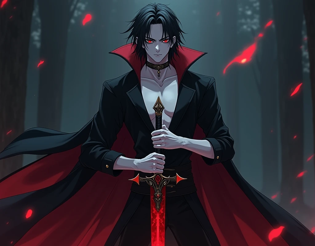 a close up of a person in a red cape holding a cigarette, l vampire, male vampire, alucard, androgynous vampire, tsurumaki kazuya, anime vampires, male vampire of clan banu haqim, handsome male vampire, inspired by Yamagata Hiro, shigenori soejima illustration, vampire, anime style, anime version, piercing mount, pale skin, extreme long hair, long Black hair, cigarette
