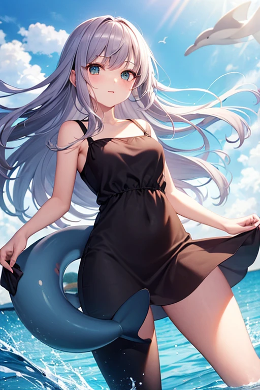 (1girl) (Solo) (Blue archive) (Sorasaki Hina)((wearing swimsuit)) (blue swimsuit) (slender body) (thin body), (white hair) (purple eyes) (pigtails) (white skin) happy and confident expression. full body,  ((Location: beach)) long hair, (children playing) hair clip, whistle necklace, horns, halo, shiny halo, school swimsuit, short girl, long straight hair, thin legs, flat chest, flat breasts. (child playing) (happy, smile, cheerful), barefoot, standing, outdoor, beach, hina (blue archive)
