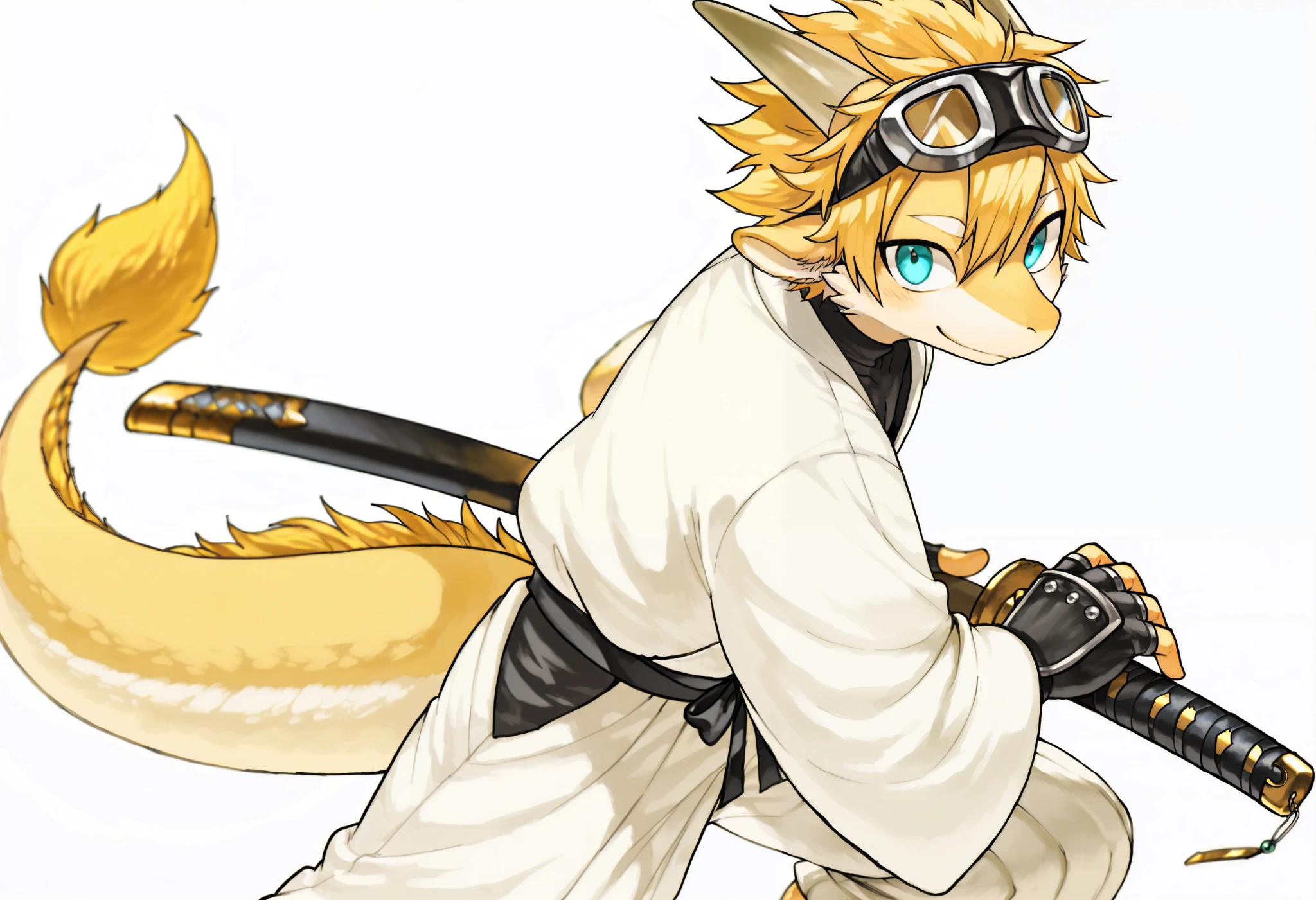 source_ furry, furry male,,((boy )), (furry, kemono :1.4), dragon boy , animal nose,dragon ears, dragon tail, blonde hair, aqua eyes, blue eyes, gloves, japanese clothes, fingerless gloves, haori, sarashi,antique long pants, hairband , chest sarashi, wide sleeves, long sleeves, side viewe, fighting stance, sword , katana, sheath, alone, holding, unsheathing, weapon, holding weapon, holding sword , black gloves, closed mouth, smile, iaidou,weapon, katana, holding sword , ready to draw, sheathed, unsheathing, scabbard, to milkytiger1145 , author: k0bit0wani ,( cute),boy ,(((((Single,alone,alone)))))
