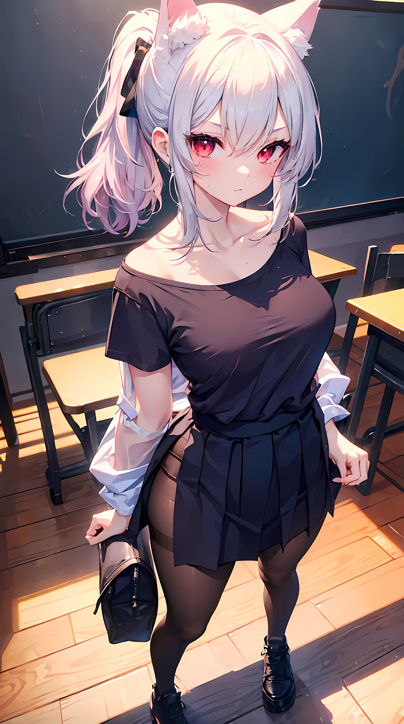 Masterpiece, beautiful girl Standing in classroom , slits in front,  Down Blouse ,  loose t-shirt , Pleated skirt, Pantyhose, Cat ears, White Ponytail, Beautiful Red eyes, Medium breast, (From above:1.2), (Closeup:1.2),
(Perfect anatomy:1.5),