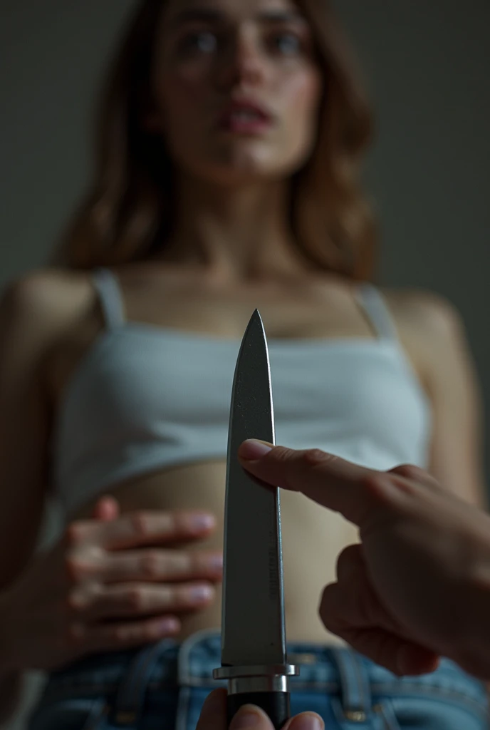 I stick a knife in a woman's navel,(first person) (on voit ma main enfoncer le couteau ,)(Only the handle of the knife remains, sticking out from the navel, the rest is deeply embedded) it was the navel my target.