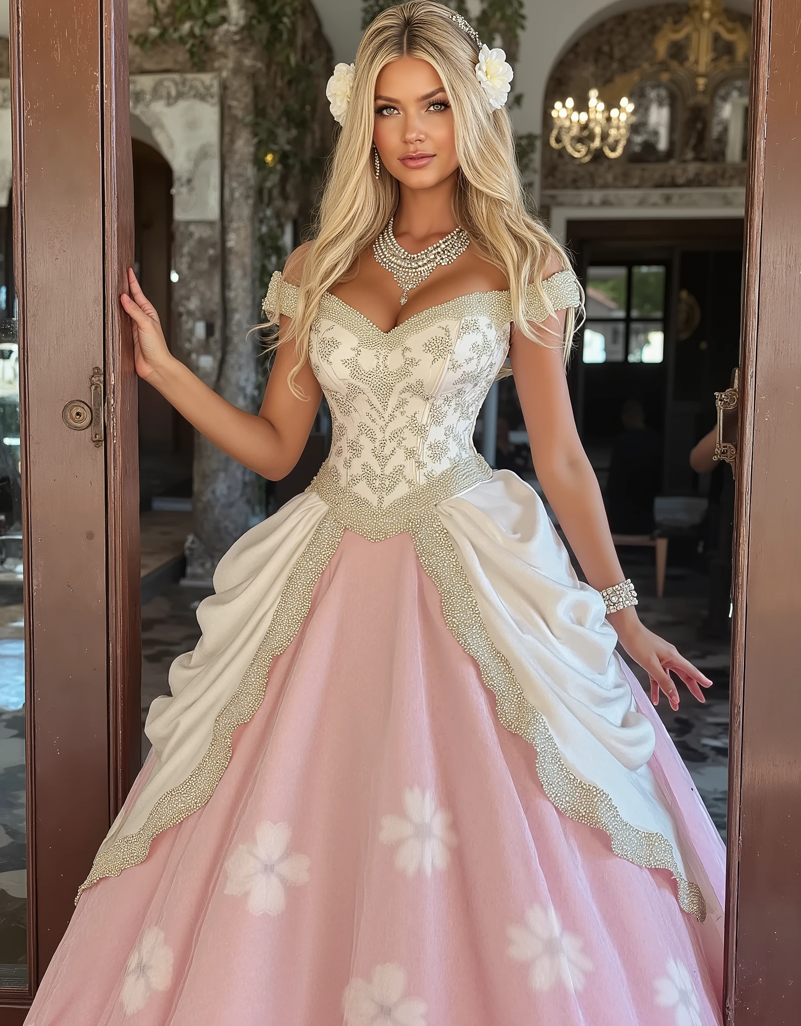 Art by John Tenniel, A stunningly beautiful blonde fairy tale princess glowing with regal and regal splendor, wearing a majestic and (((elaborate))) Cinderella-like royal ball gown of silver and white brocade, a padded and corseted bodice, an hourglass waist, a crinoline hoop skirt, adorned with ribbons, bows, roses, lace, ruffles, embroidery and jewels, elaborately curled and coiffed hair, long white gloves, pearl and diamond necklace and earrings. Greg Rutkowski. Masterpiece, UHD, 8K resolution, high detailed. Hyper-realistic., fantasy castle, throneroom