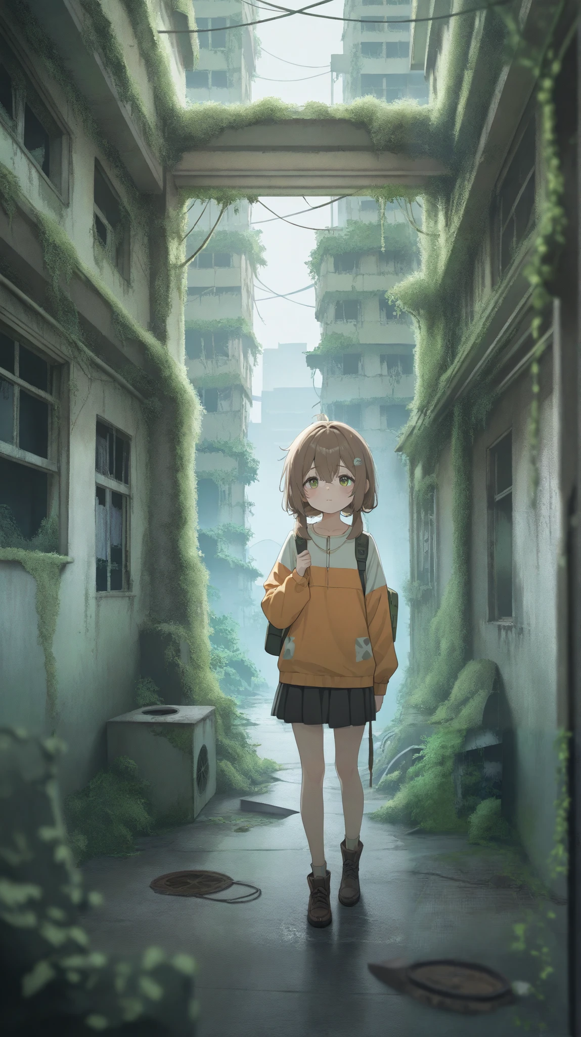 female, cute, waling in an abandoned city, overgrown, full body