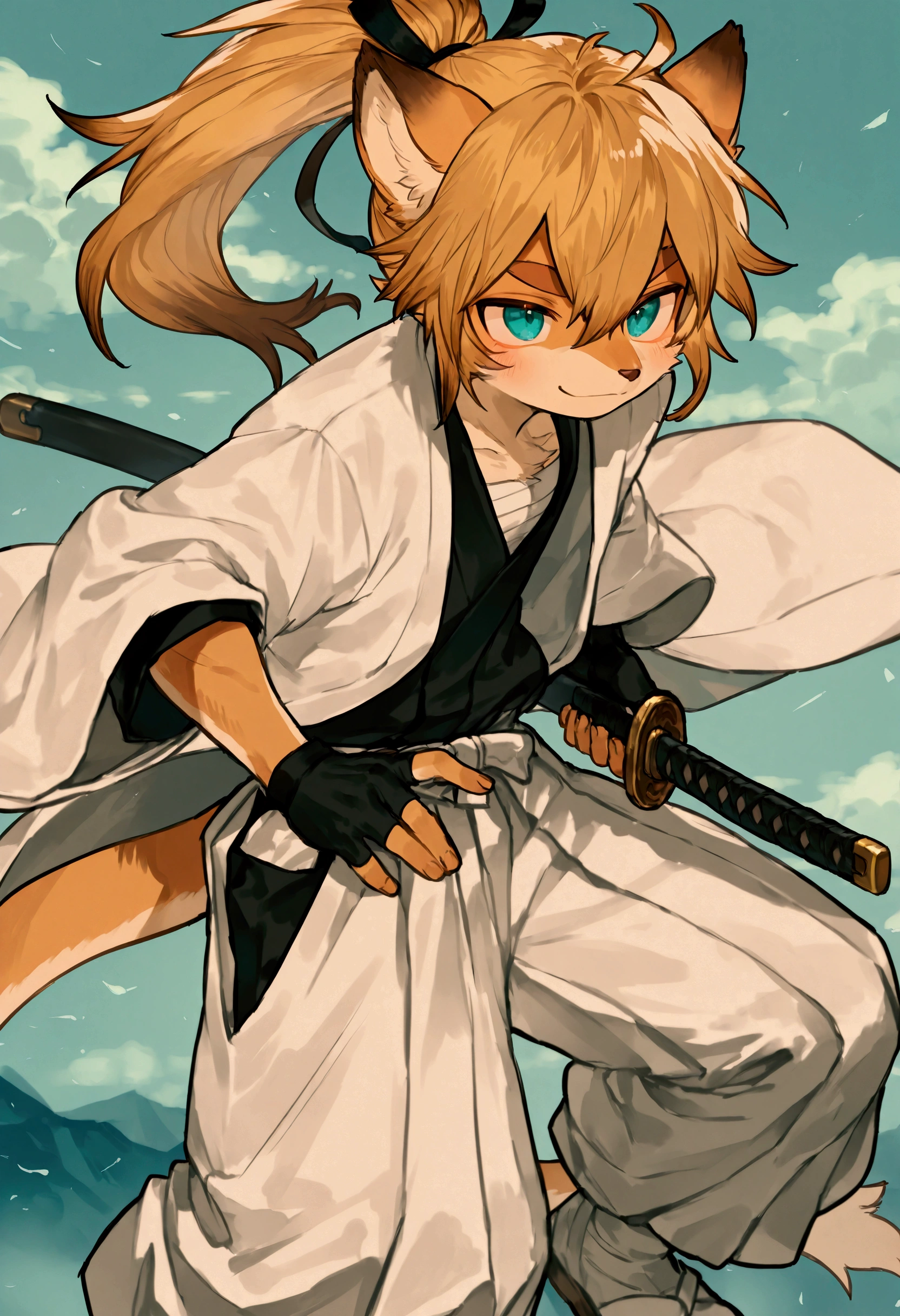 source_ furry, furry male,,((boy )), (furry, kemono :1.4), dragon boy , animal nose,dragon ears, dragon tail, blonde hair, aqua eyes, blue eyes, gloves, japanese clothes, fingerless gloves, haori, sarashi,antique long pants, hairband , chest sarashi, wide sleeves, long sleeves, side viewe, fighting stance, sword , katana, sheath, alone, holding, unsheathing, weapon, holding weapon, holding sword , black gloves, closed mouth, smile, iaidou,weapon, katana, holding sword , ready to draw, sheathed, unsheathing, scabbard, to milkytiger1145 , author: k0bit0wani ,( cute),boy ,(((((Single,alone,alone)))))