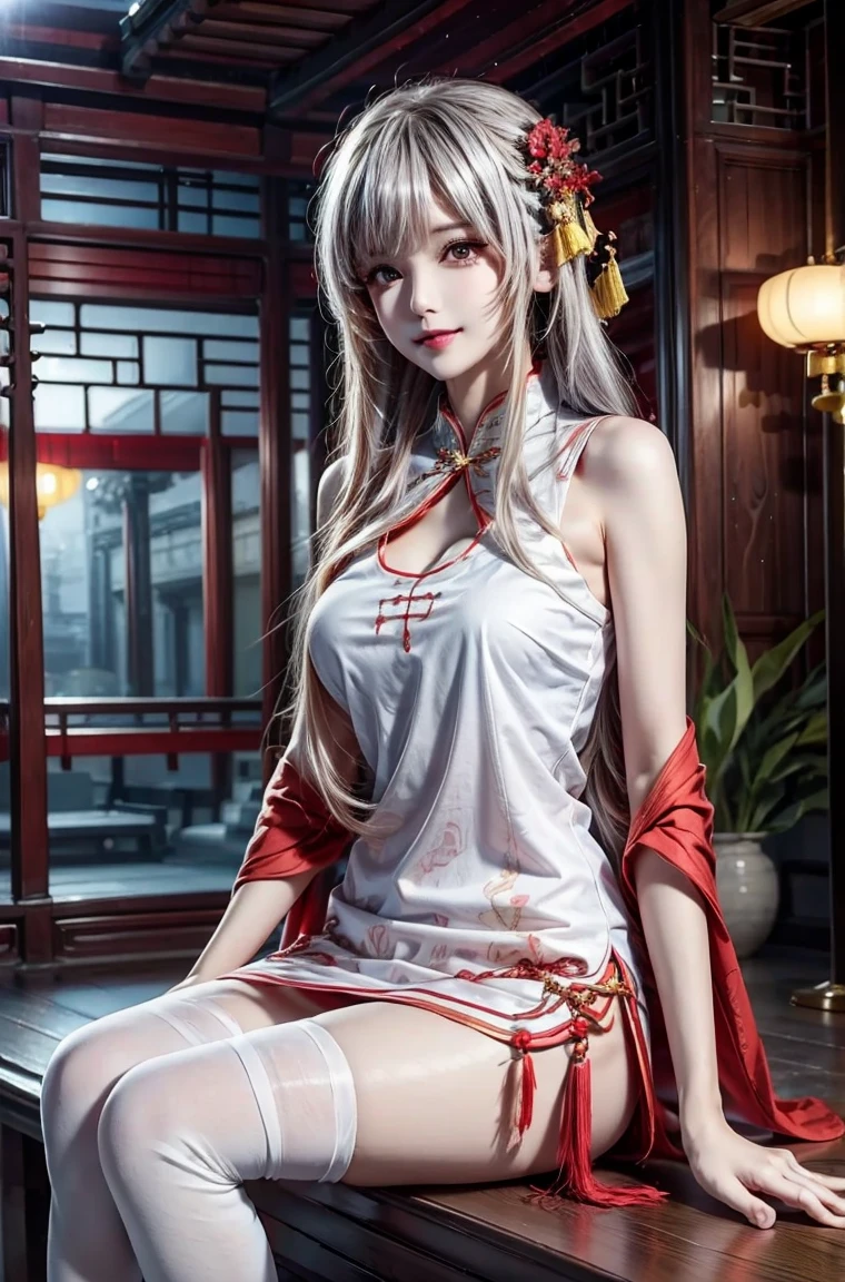 (a chinese wedding:1 silver-haired girl, Girl), tmasterpiece, best qualtiy, RAW photogr, realisticlying, the face, Incredibly Ridiculous res, Beautiful elf beauty, ear studs,Get wet all over, (Long silver hair), (Chinese red wedding dress),Costume dress,(red flat shoes),depth of fields, A high resolution, ultra - detailed, filigree, RAWE is very detailed, very detailed eyes and faces, Sharp pupils, realistic pupil, tack sharp focus, cinmatic lighting,full bodyesbian,Bigboobs,long leges,From the front side,Chinese wedding scene,Red candle,Lanterns,dynamicposes
