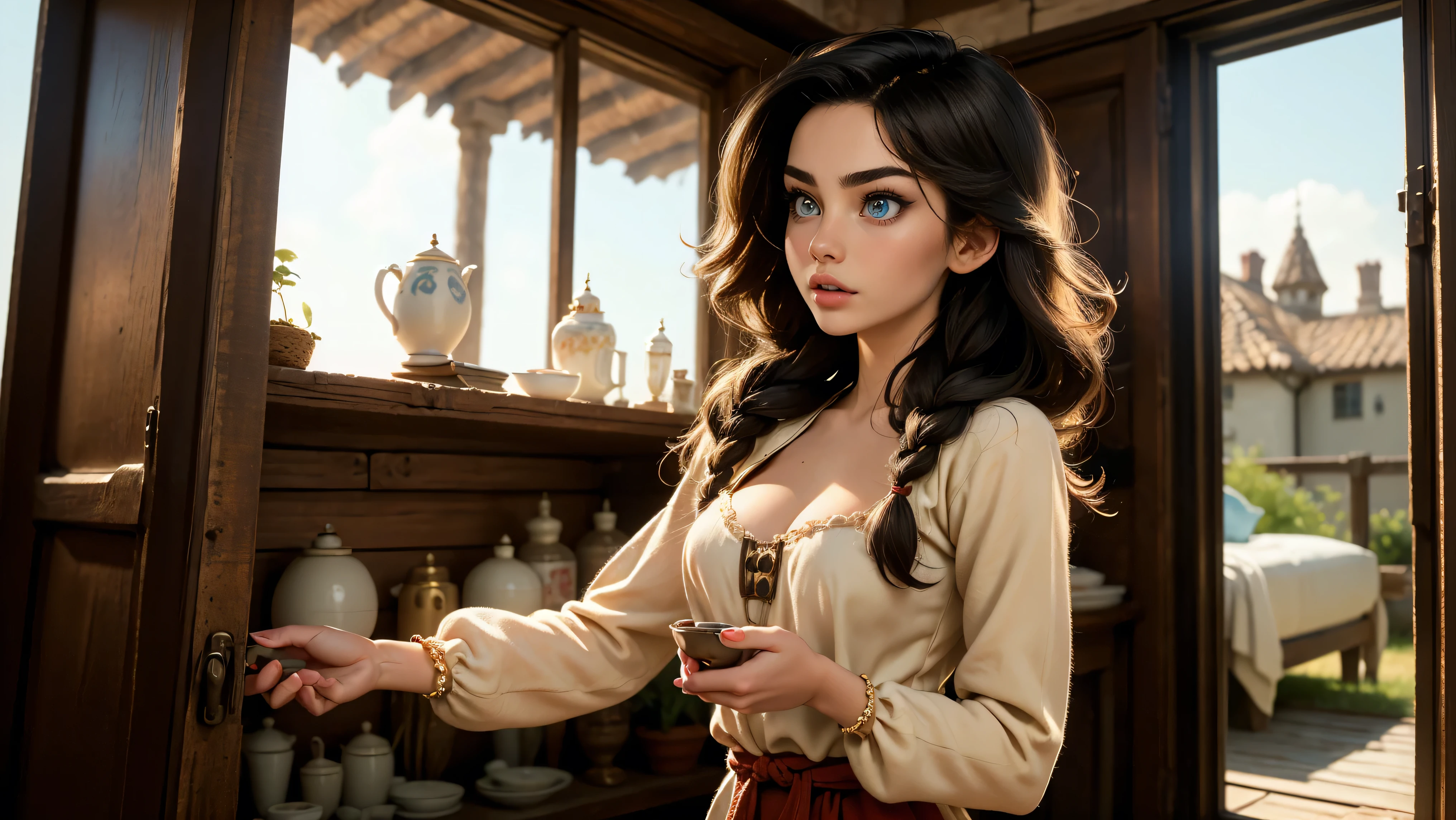 Masterpiece, Hi-detailed, best quality, 8K, (realistic:1.2), ((single girl, solo, only one girl)), standing, ((servant girl)), ((loli)), ((makeup)), ((long eyelashes, mascara, eyeliner)), ((girl standing at the door)), ((welcoming you home, excited for you)), (wanting to embrace you), ((cute, young, yr)), (tall and lanky), (Skinny), (thin frame), (fit, body), (feminine body), (small braids in her hair), (small breasts, round breasts), ((peasant clothes)), ((extremely revealing)), cleavage, beautiful, perfect face, perfect body, large eyes, blue eyes, standing looking at a beautiful vista, Middle Ages, Fantasy,