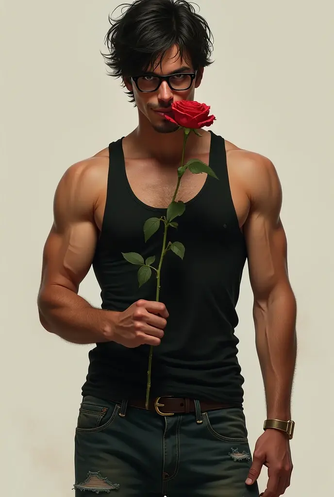a young man, Indonesian, age 20, perfect face, sharp nose, beautiful lips, perfect body, natural muscles, full body, dashing, slim body, abdominal muscles, A young asian man with short dark hair wearing a black tuxedo surrounded by red roses