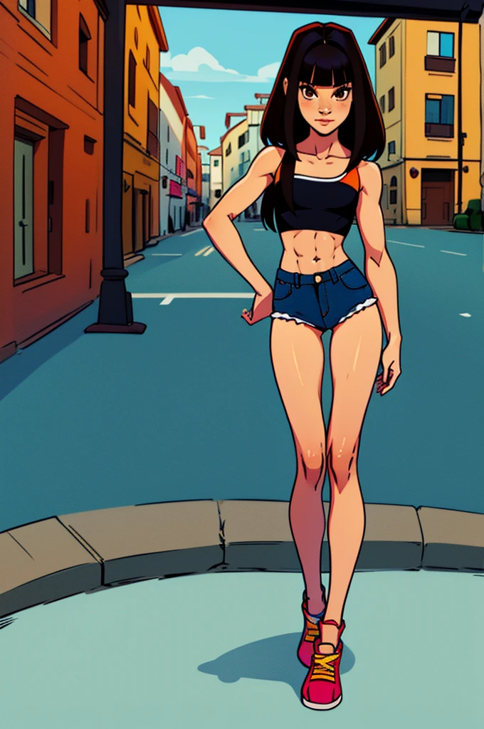 Masterpiece, best quality, high resolution, 1 woman, Makima , Red pigtails , black bikini , abdomen , big breasts, Long legs , Barefoot , stand on your hips , roadside , city