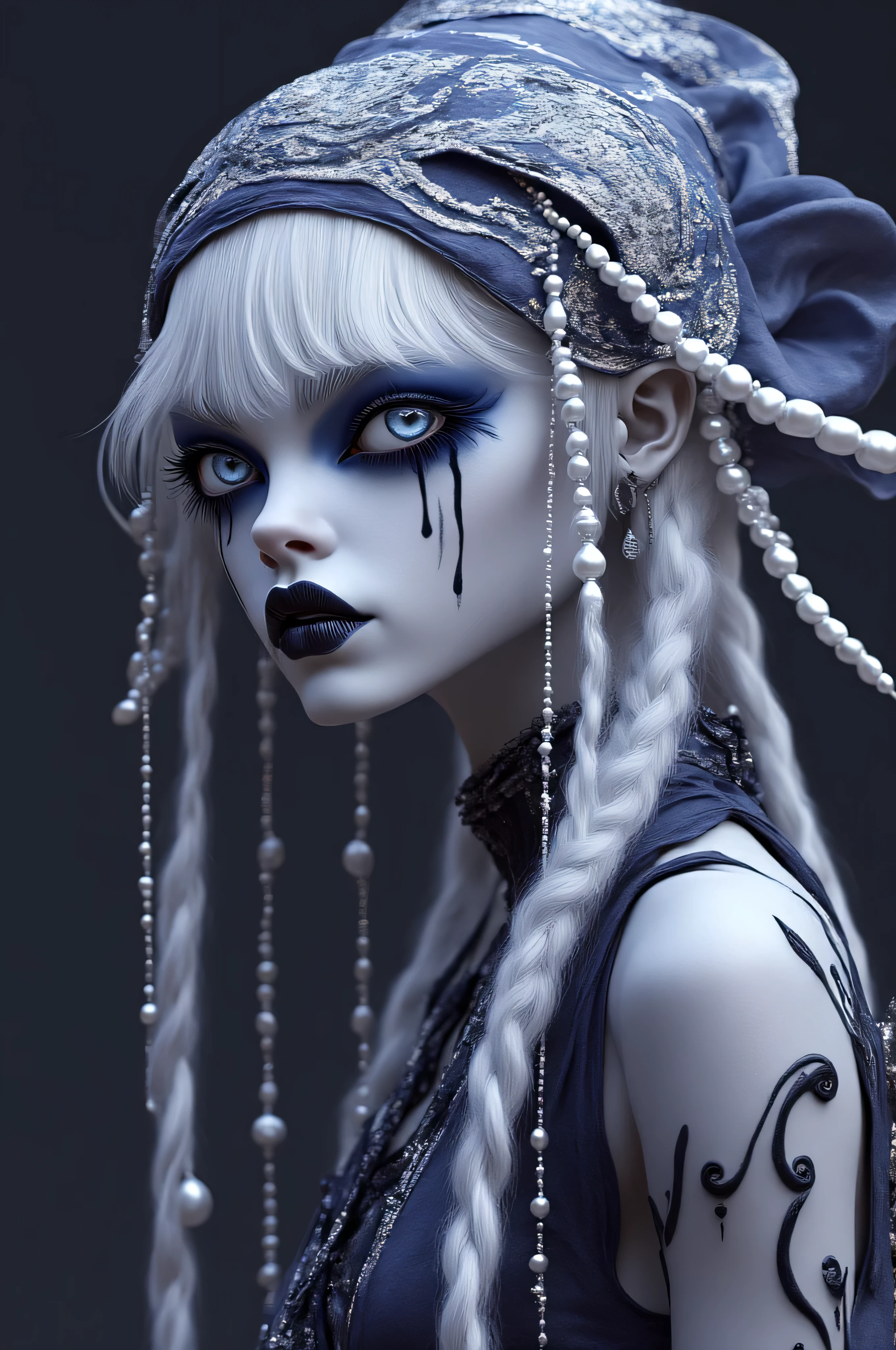   The image is a CGI rendering of a white-skinned woman with amazing blue eyes  ,  long silver braided hair ,   and black teardrop-like stripes  ,   She wears a blue and silver decorative headdress with dangling pearls and matching clothes  , The makeup is elaborate  , sharp,  pointy eyebrows and dark lipstick  ,   and intricate makeup including blue gradations  ,  enhances the mystical vibe ,   overall The color palette has a cool blue and silver contrast, and her skin and hair are pure white,NQ 