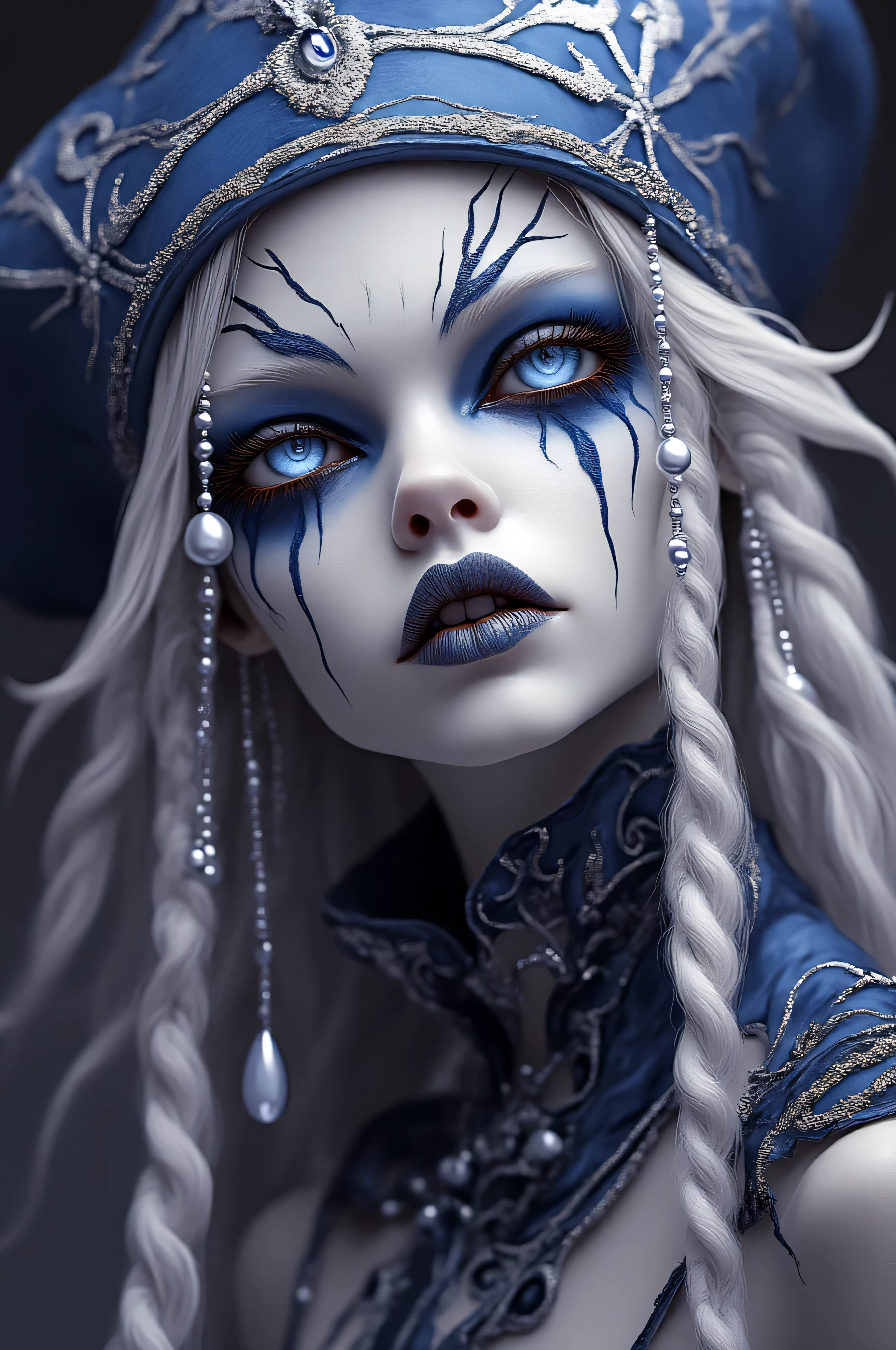   The image is a CGI rendering of a white-skinned woman with amazing blue eyes  ,  long silver braided hair ,   and black teardrop-like stripes  ,   She wears a blue and silver decorative headdress with dangling pearls and matching clothes  , The makeup is elaborate  , sharp,  pointy eyebrows and dark lipstick  ,   and intricate makeup including blue gradations  ,  enhances the mystical vibe ,   overall The color palette has a cool blue and silver contrast, and her skin and hair are pure white,NQ 