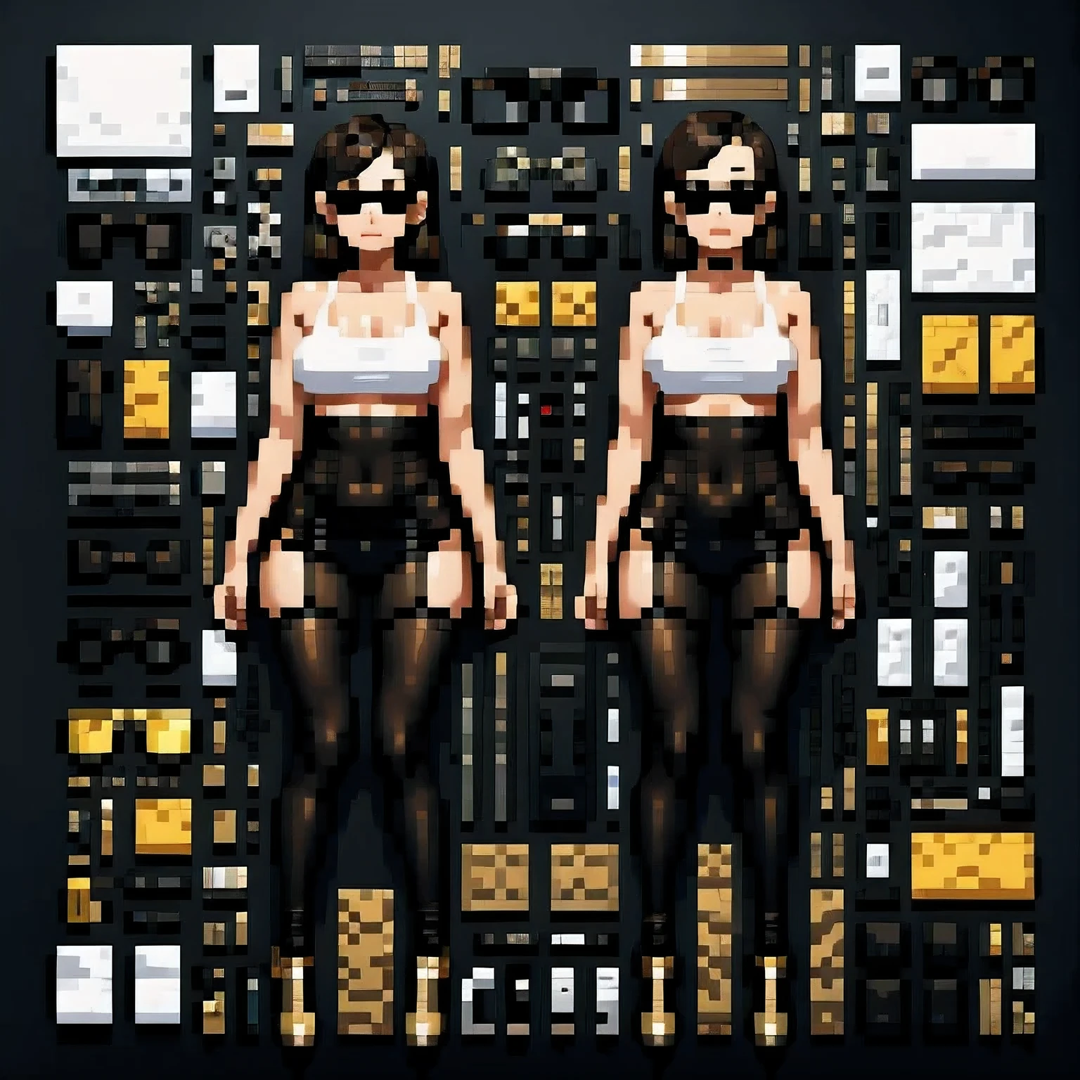 wearing gold frame reflective sunglasses {x} cyberpunk, black, ,Focus