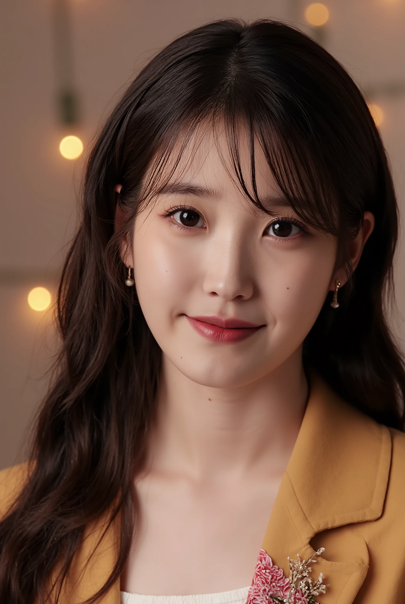 (medium full shot), beautiful korean girl, bokeh lights background, studio lighting,  wearing bohemian dress with floral pattern, dslr, soft lighting, high quality, film grain,  light reflections, blood vessels,  pale skin, skin pores,blood vessels in sclera, detailed skin, beauty spots, skin fuzz, 