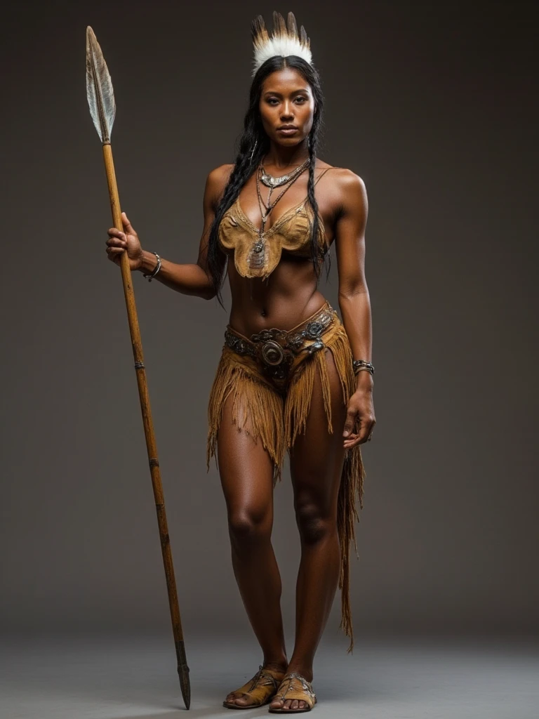 Dark-skinned Amazon woman, wearing a loincloth, standing with a spear