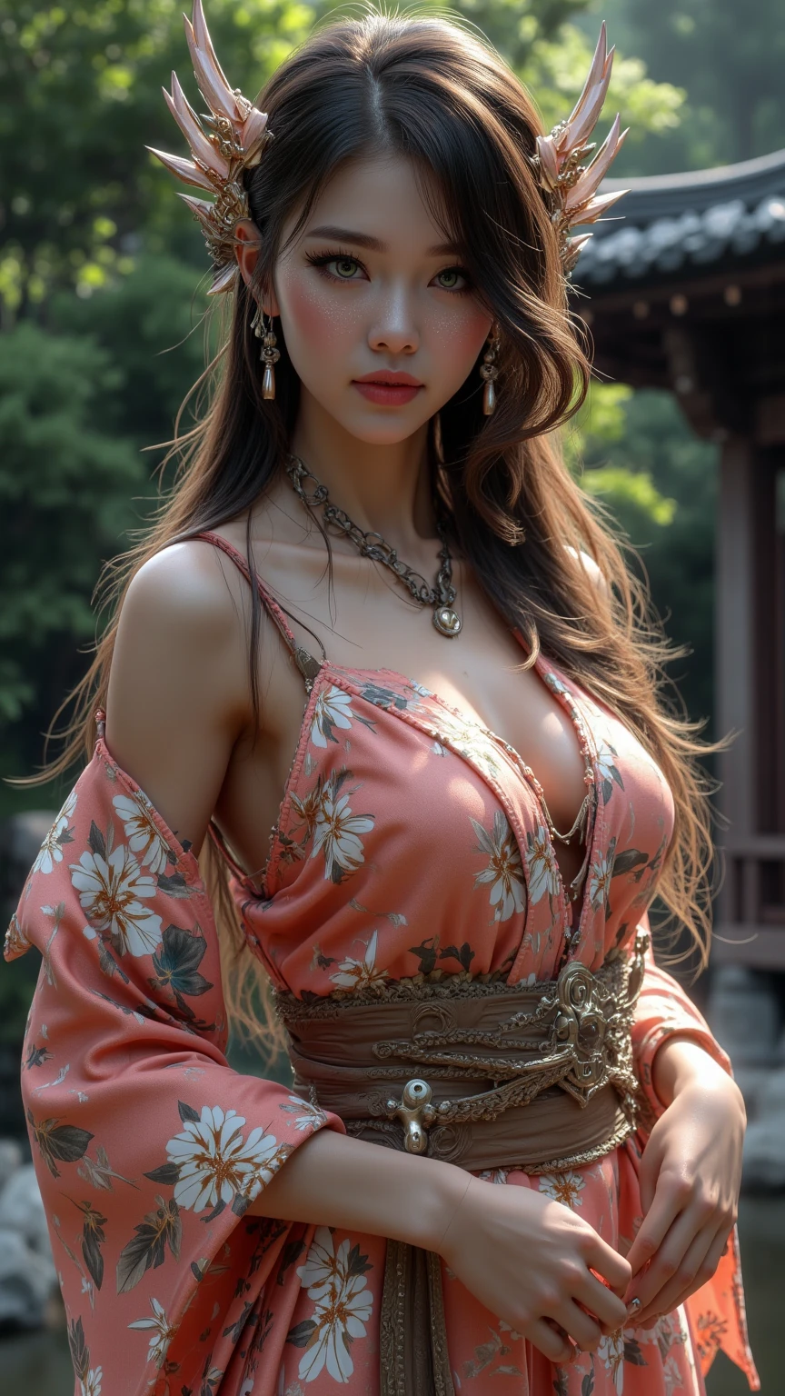 1 woman, Indonesia woman, 23 years old, long black hair, olive skin, smaller head, brown eyes, toned, skintight lace kebaya, unbuttoned, off shoulders, ((show breast, show nipples, clean areola)), ((breast out)), tight batik pattern skirt, masterpiece, ultra HD, realistic masterpiece, blurred background, archipelago, dynamic poses, perfect hands, perfect face, perfect details, sharp focus